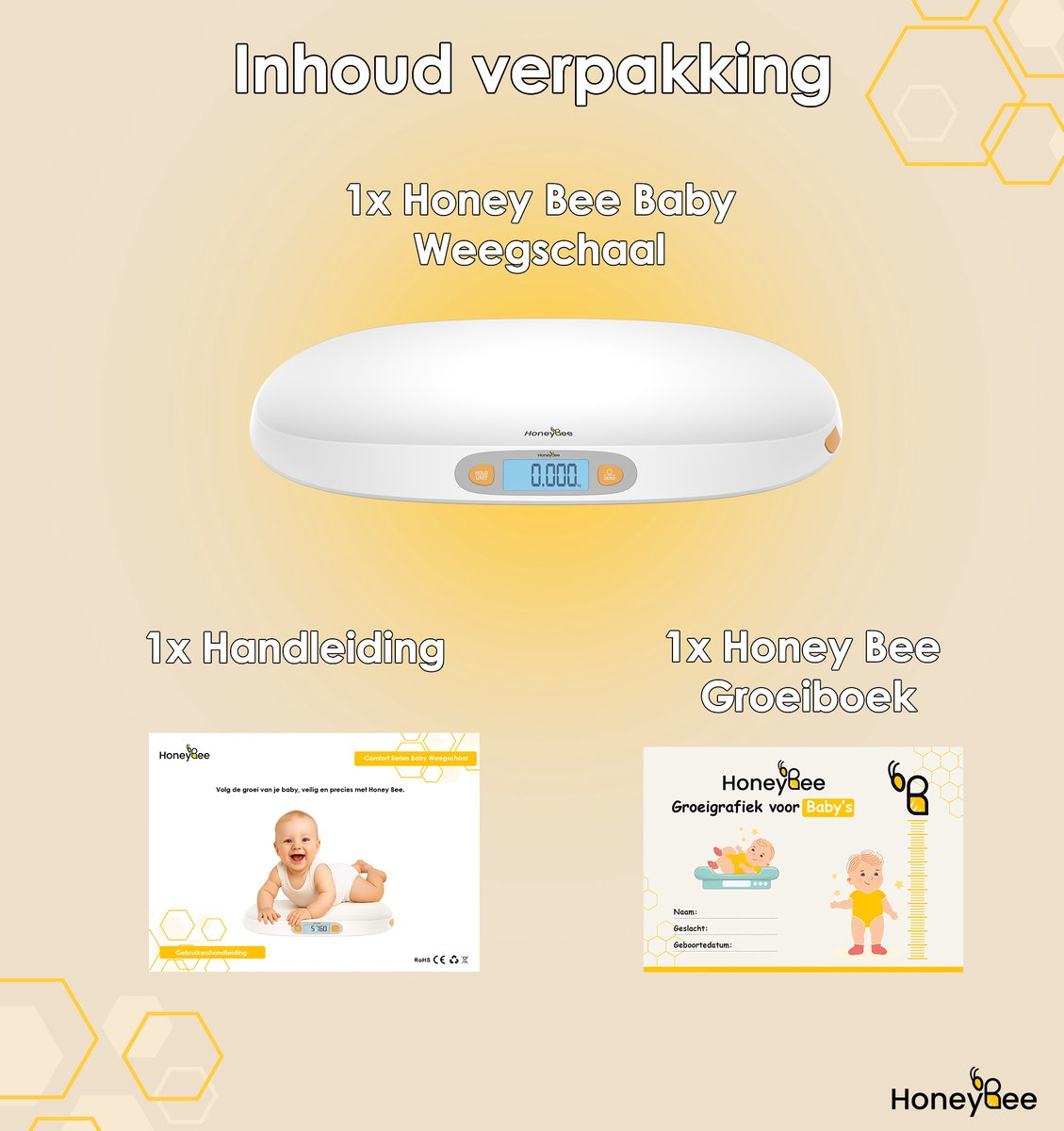 Das Bild zeigt eine Babywaage, eine Anleitung und eine Wachstumstabelle. Die Waage ist weiß mit Digitalanzeige. Das Handbuch zeigt ein Baby.