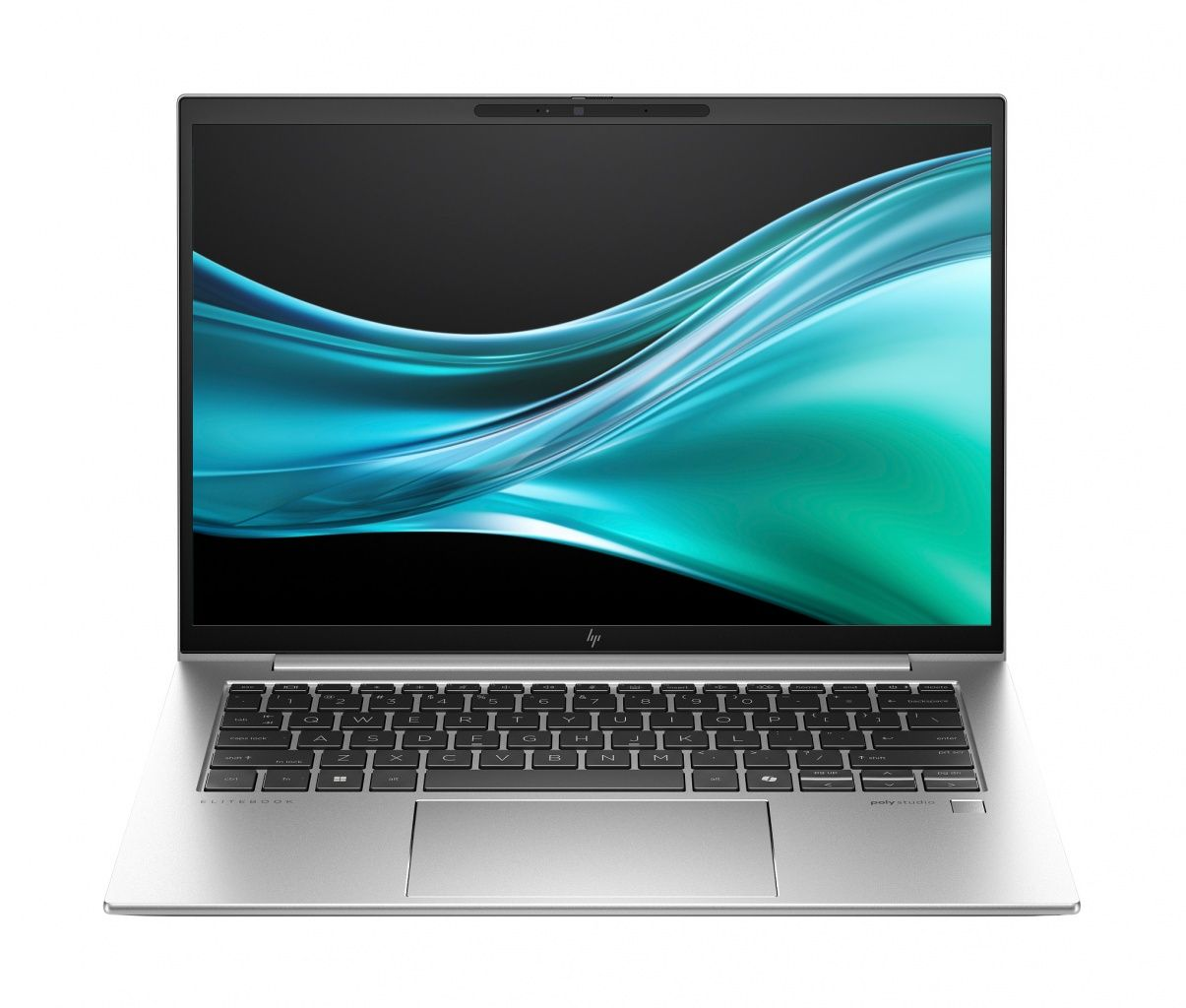 Portátil plateado abierto sobre una superficie blanca. La pantalla muestra un patrón ondulado azul y verde. Teclado y panel táctil visibles.