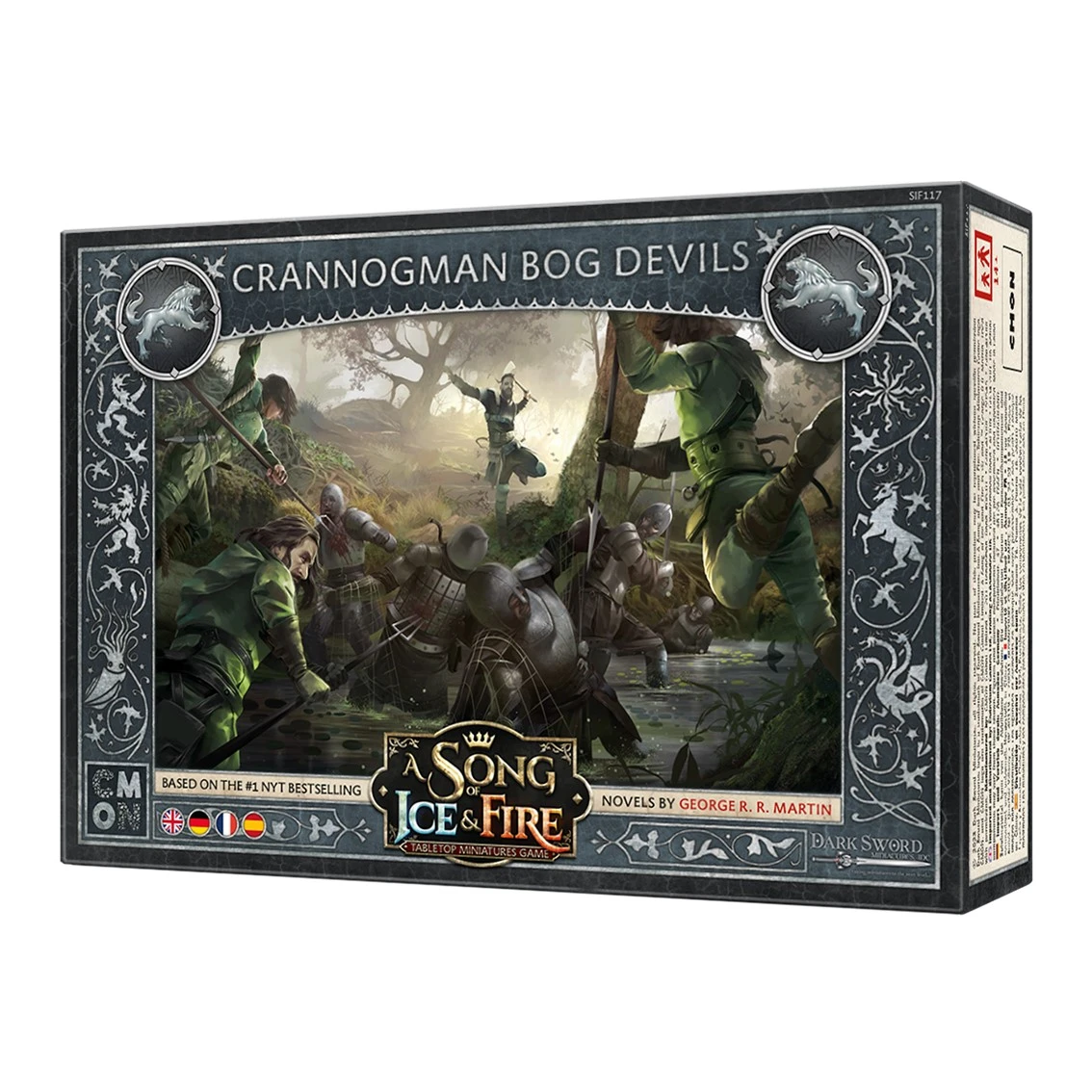 Ilustración de la caja del juego "Crannogman Bog Devils". Escena de batalla con figuras con armadura y ropa verde, en un entorno pantanoso.