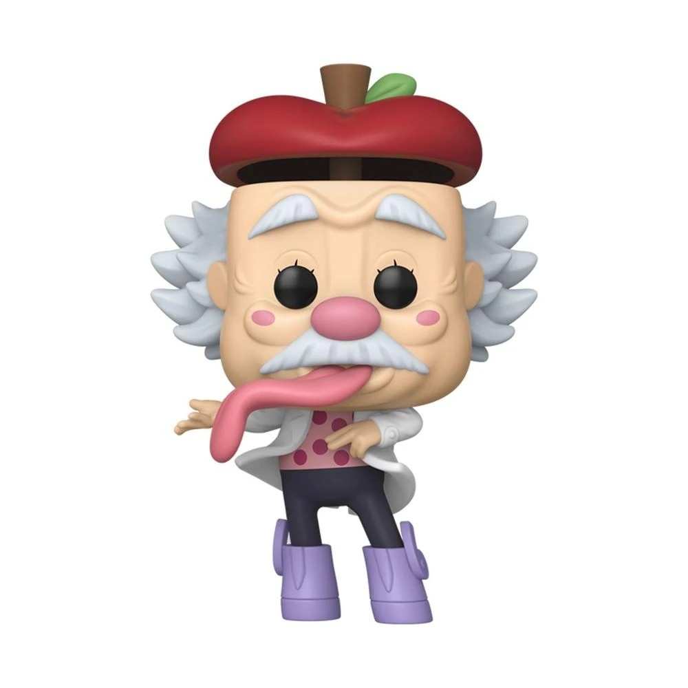 Eine Funko Pop-Figur eines Mannes mit Apfelhut und herausgestreckter Zunge. Er trägt einen Laborkittel, ein rosa gepunktetes Hemd und lila Stiefel.