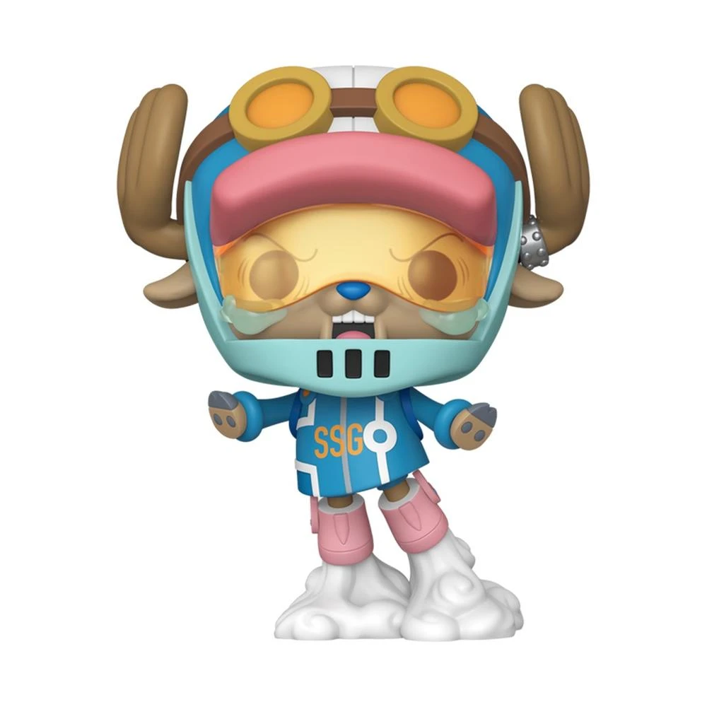 Un personaje de dibujos animados con un traje de vuelo y un casco azules. Tiene cuernos marrones, pelo rosa y gafas naranjas. El personaje está de pie.