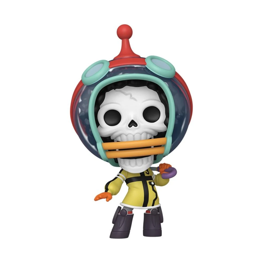 Una figura de esqueleto con chaqueta amarilla, botas negras y casco rojo. La figura sostiene un objeto morado.