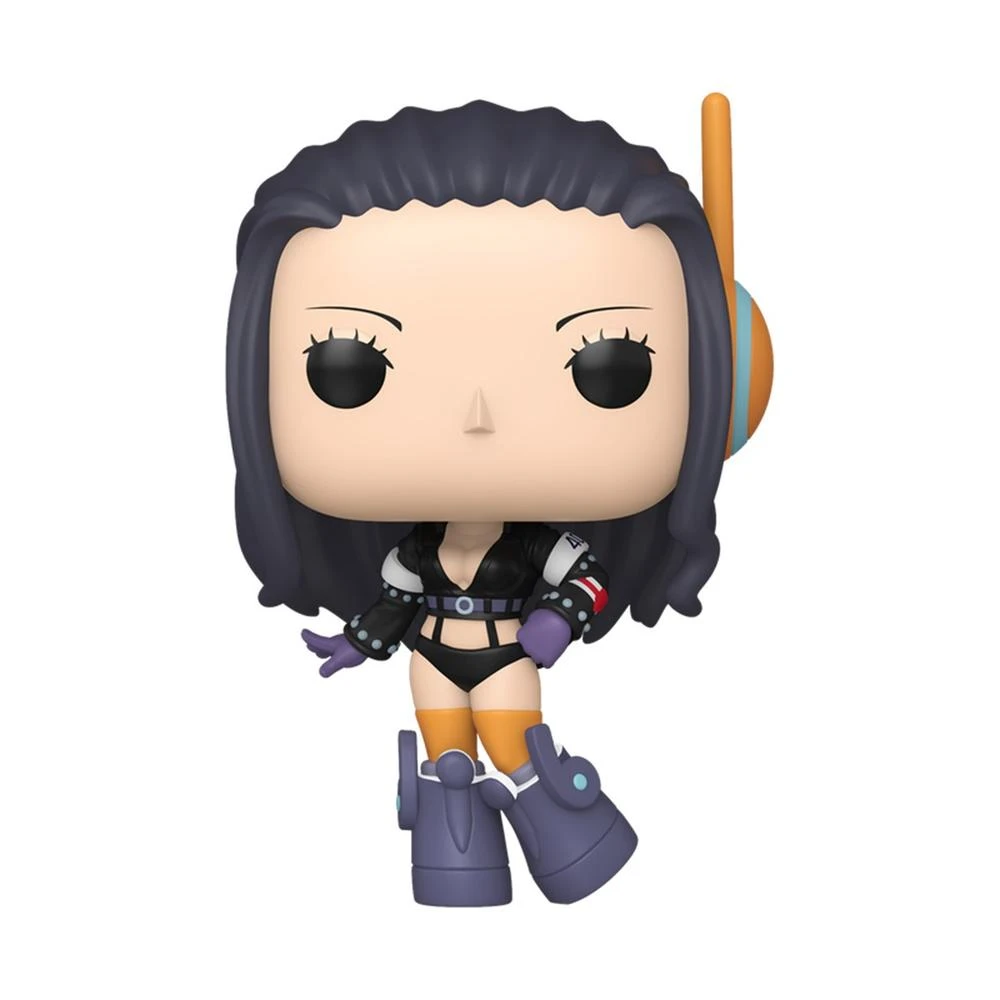 Eine Funko Pop-Figur einer Frau mit dunklen Haaren, die ein schwarzes Outfit, orangefarbene Socken und lila Stiefel trägt. Sie hat ein Headset.