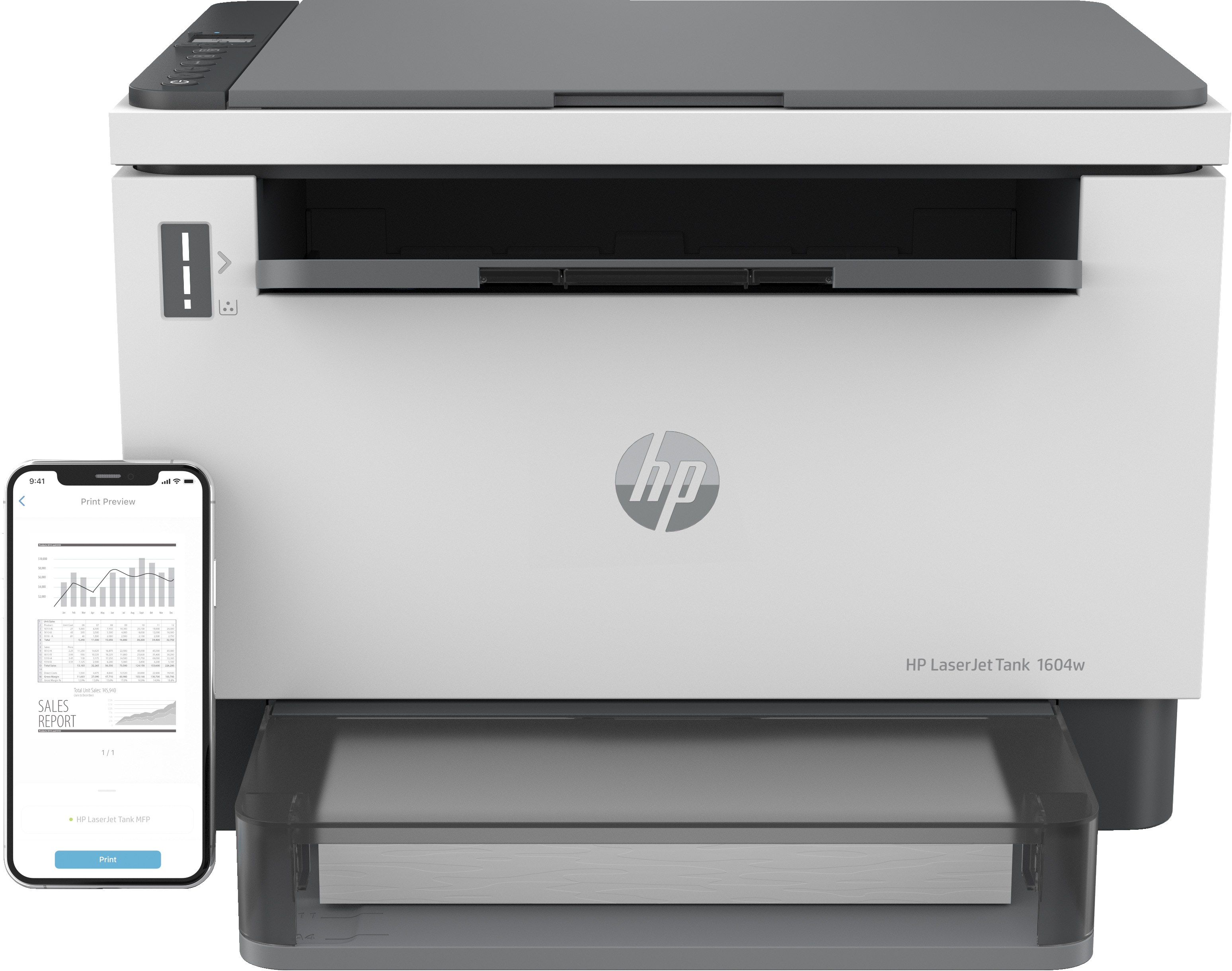 Biało-szara drukarka HP LaserJet z smartfonem wyświetlającym raport sprzedaży po lewej stronie.