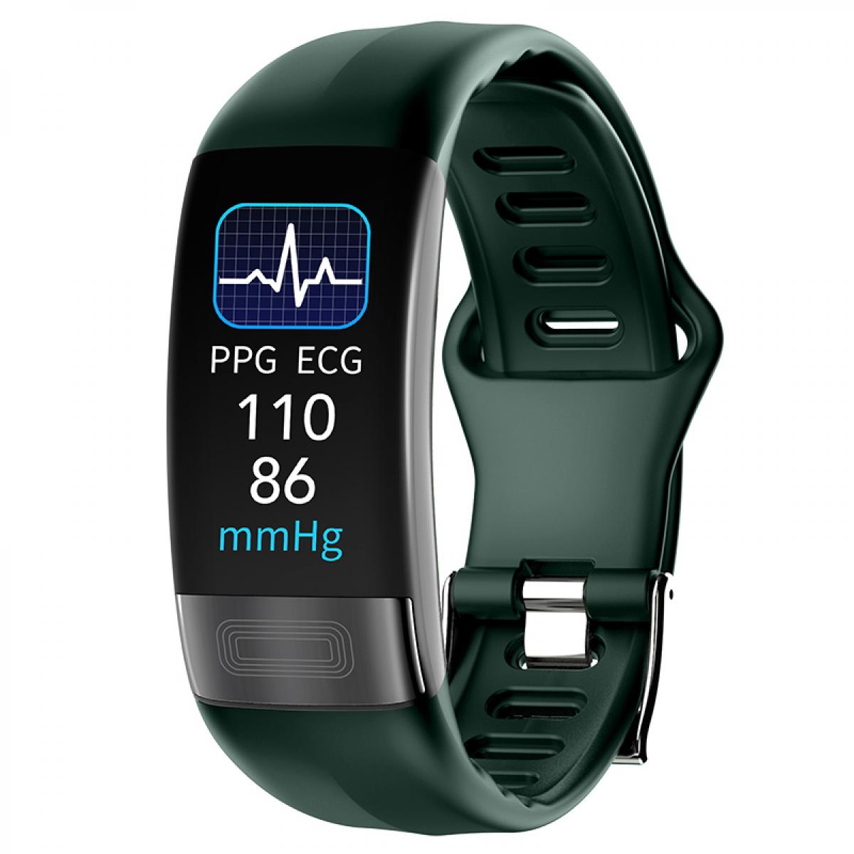Grüne Smartwatch mit EKG-Anzeige, Blutdruckmesswerten (110/86 mmHg). Der Bildschirm zeigt auch eine Pulsgrafik.