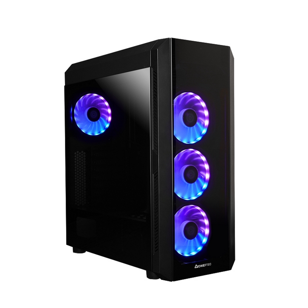 Un case per computer nero con ventole a LED blu e viola. Il case ha un pannello laterale in vetro.