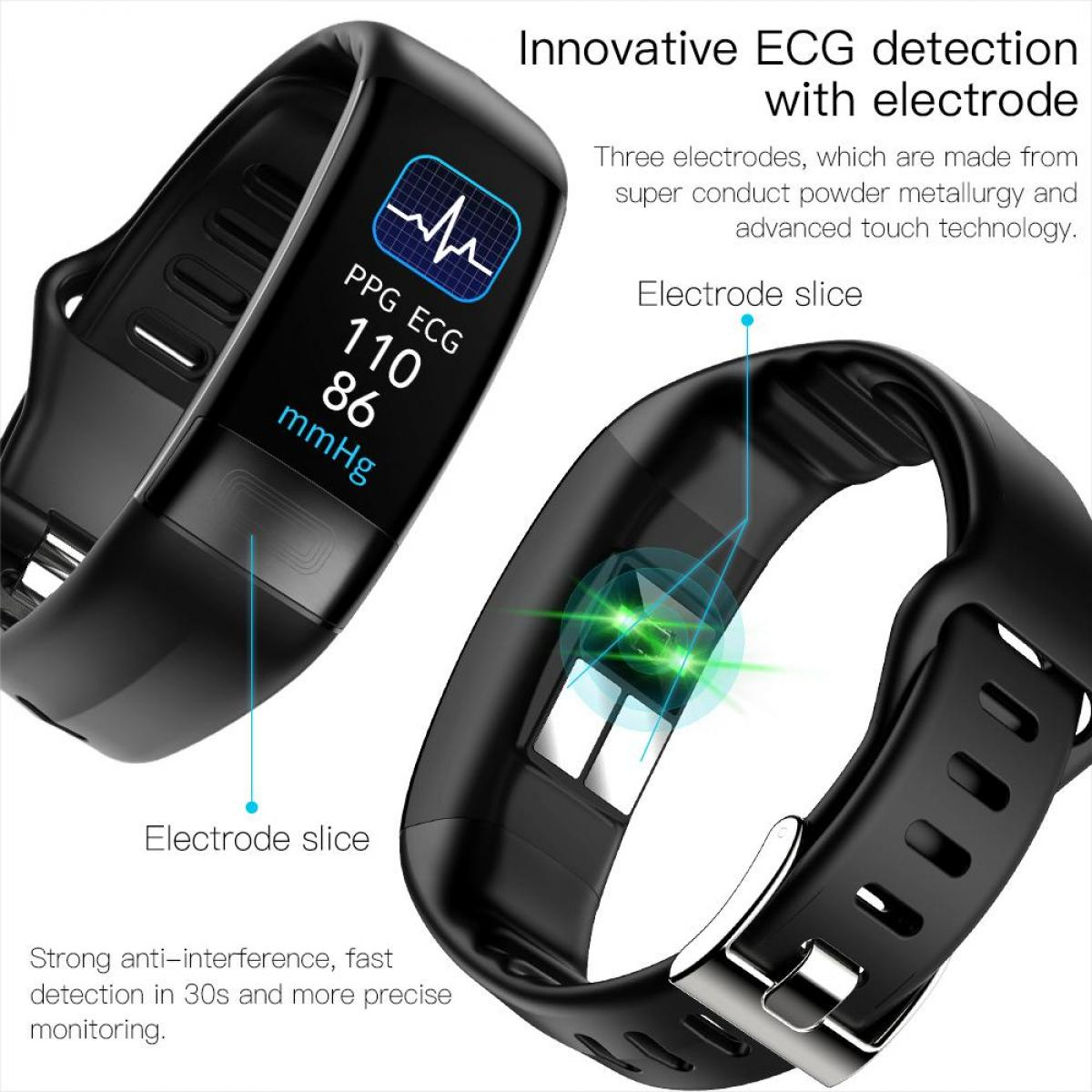 Schwarze Smartwatch, die PPG-EKG-Daten anzeigt. Merkmale umfassen Elektrodenabschnitte und Text, der innovative EKG-Erkennungstechnologie beschreibt.