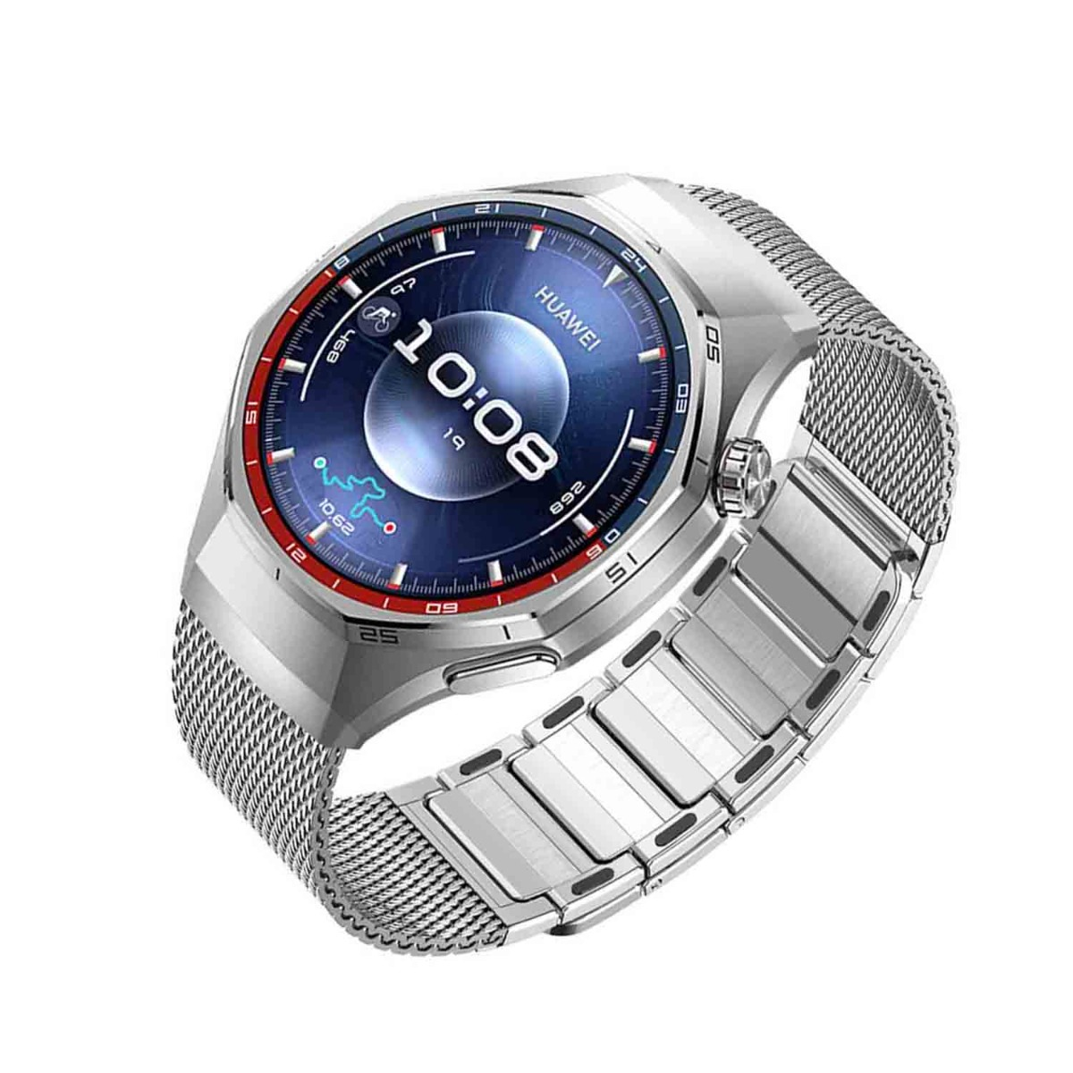 Silberne Huawei-Smartwatch mit Mesh-Armband. Der Bildschirm zeigt 10:08 Uhr. Die Uhr hat eine blaue und rote Lünette.