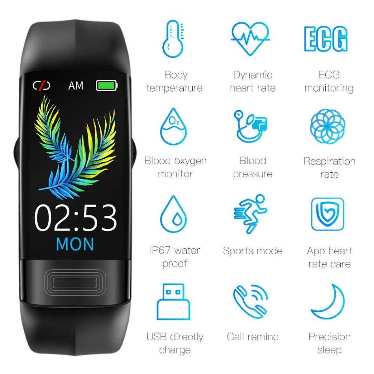 Schwarzer Fitnesstracker mit Bildschirm, der Zeit und Gesundheitsüberwachungssymbole in Blau anzeigt, einschließlich Herzfrequenz.