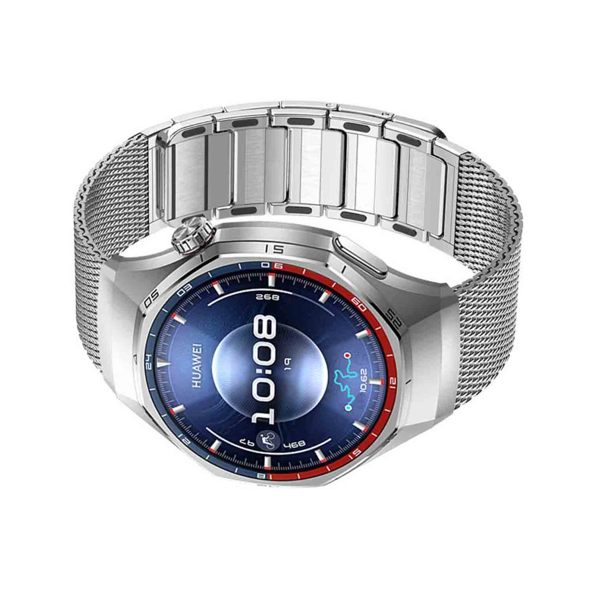 Eine silberne Huawei-Smartwatch mit blauem Zifferblatt, das 8:01 anzeigt. Die Uhr hat ein Mesh-Armband und eine detaillierte Lünette.
