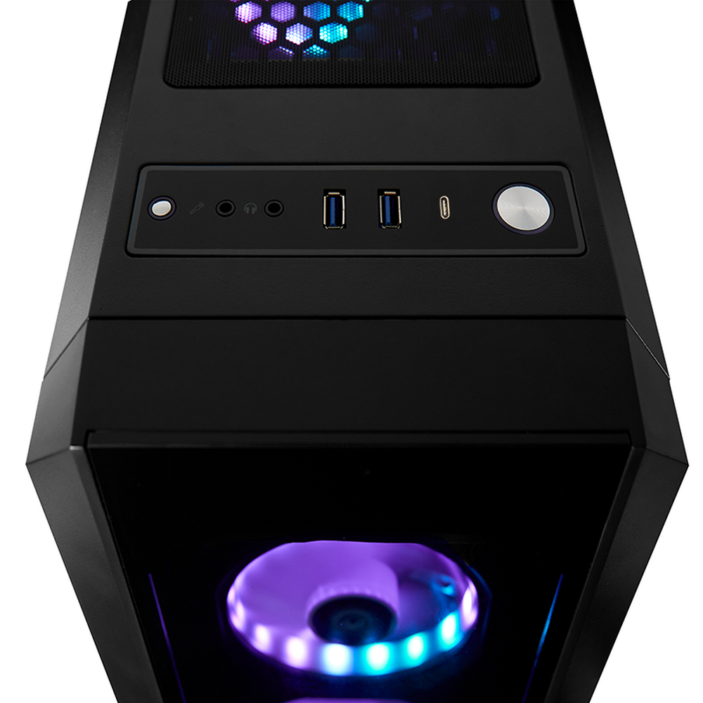 Case per computer nero. La parte superiore ha porte, pulsante di accensione e prese d'aria con luci a LED colorate. Il fondo ha una ventola luminosa.