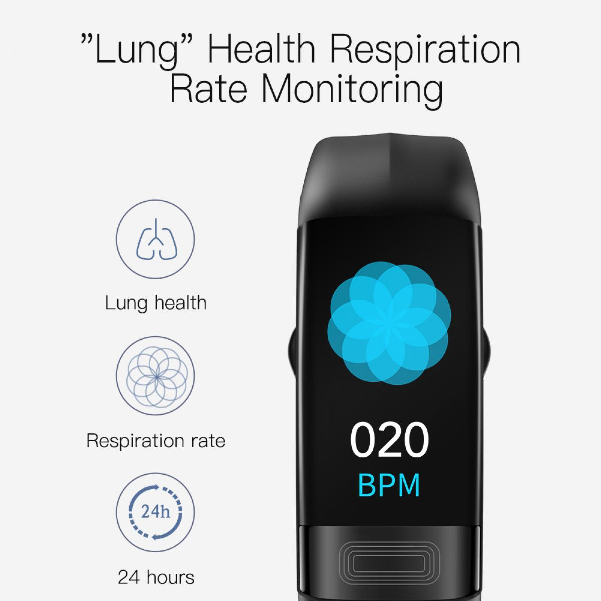 Ein Fitness-Tracker zeigt Lungen- und Atemfrequenz sowie 24-Stunden-Überwachung an. Der Bildschirm zeigt ein blaues Blumendesign und '020 BPM'.