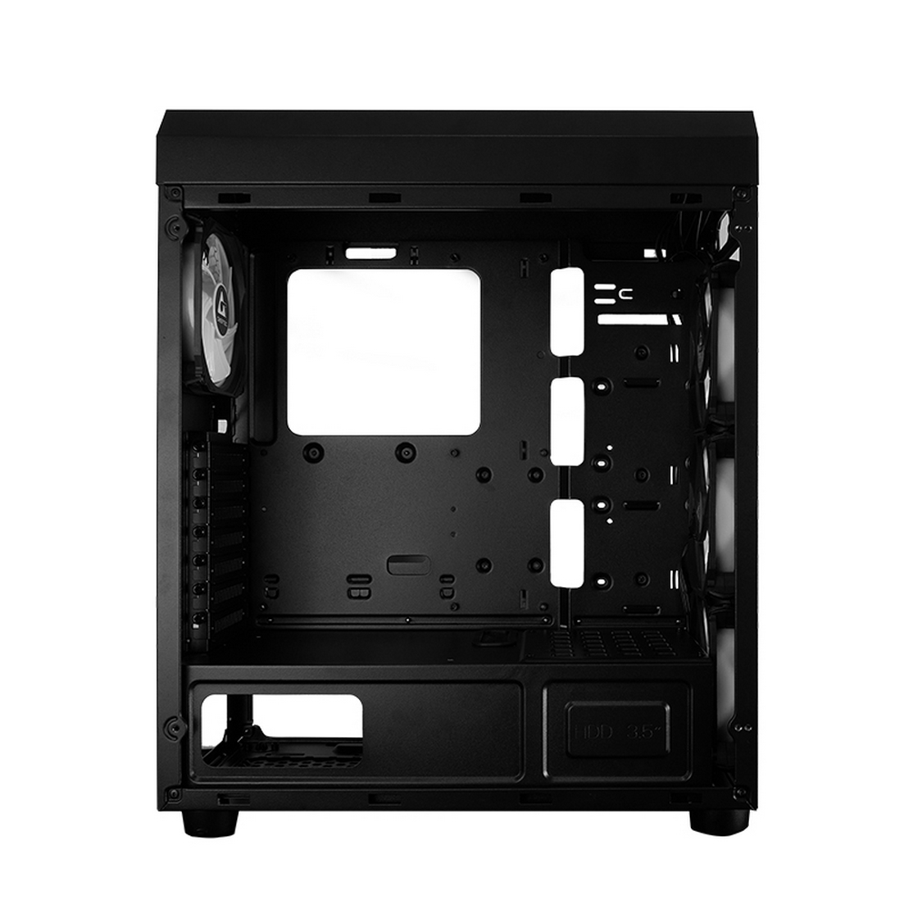 Un case per computer nero, vuoto all'interno. Ha slot per ventole, vani e aperture per componenti. Il case è pronto per l'installazione.