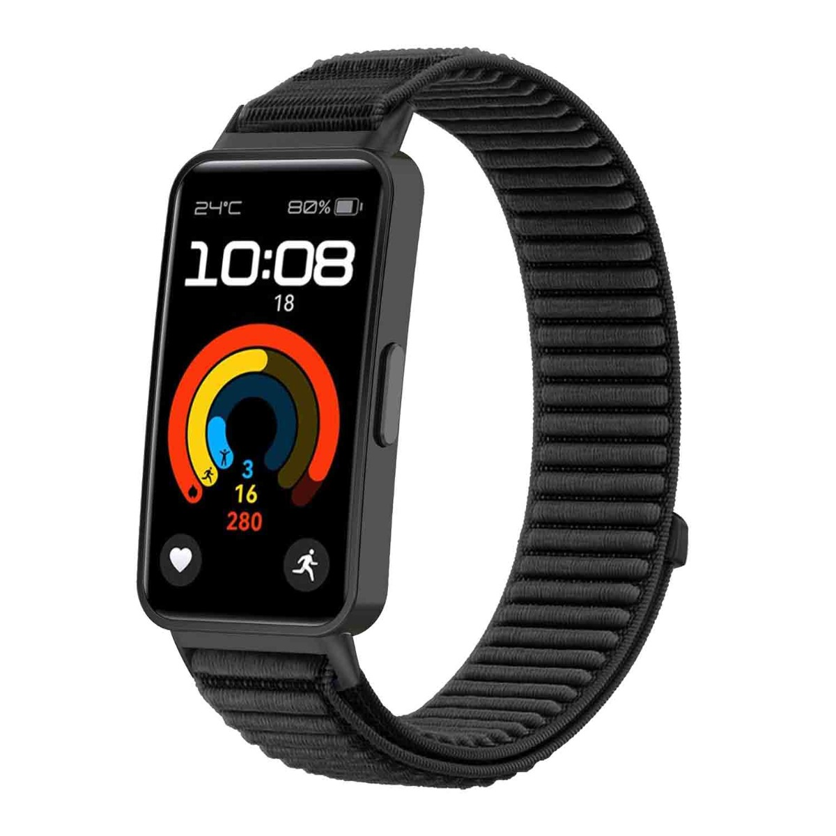 Uno smartwatch nero mostra ora, passi, frequenza cardiaca e temperatura. Presenta un cinturino nero con un design strutturato.