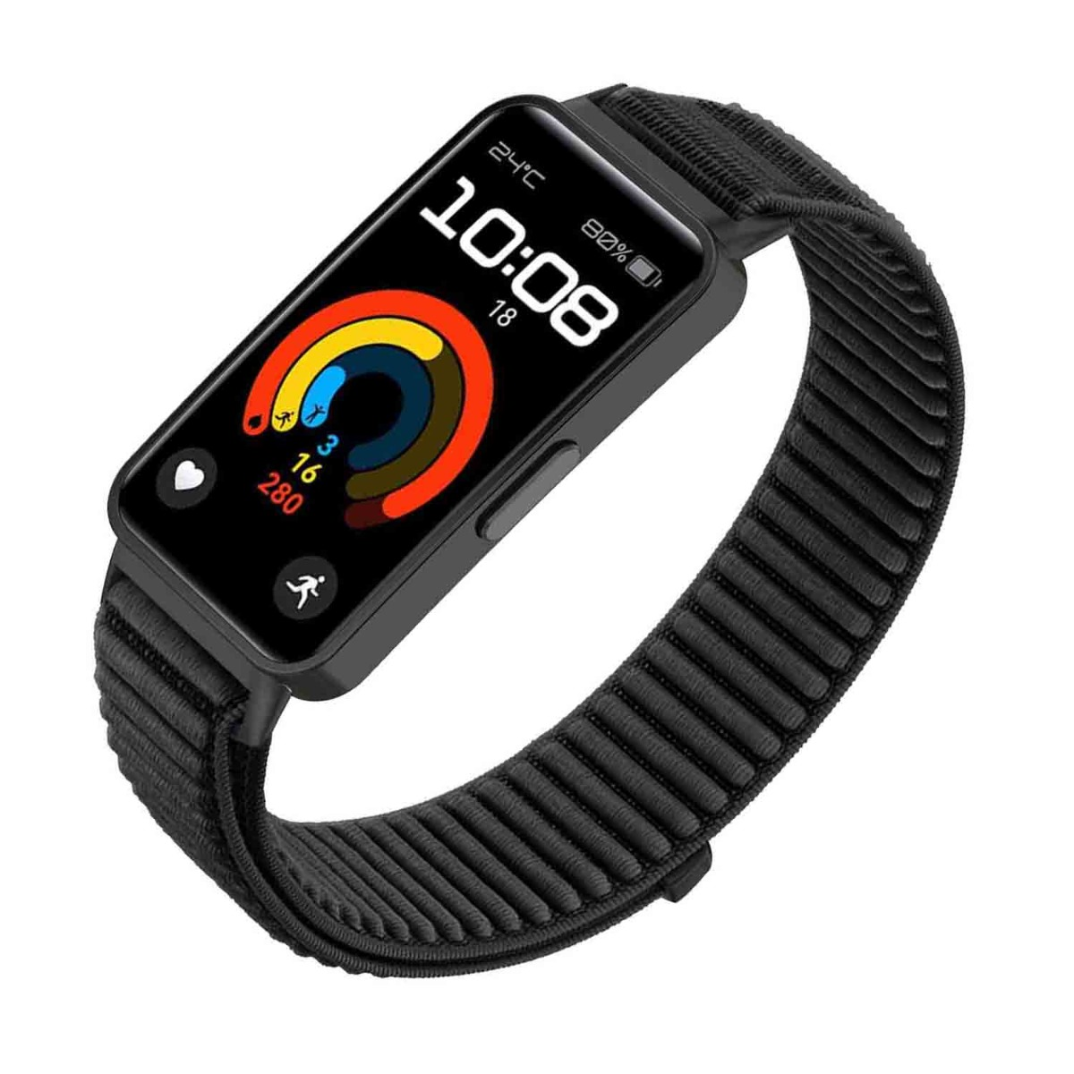 Uno smartwatch nero mostra ora, temperatura e dati di attività. Ha un cinturino in tessuto nero. Il quadrante mostra anelli colorati.