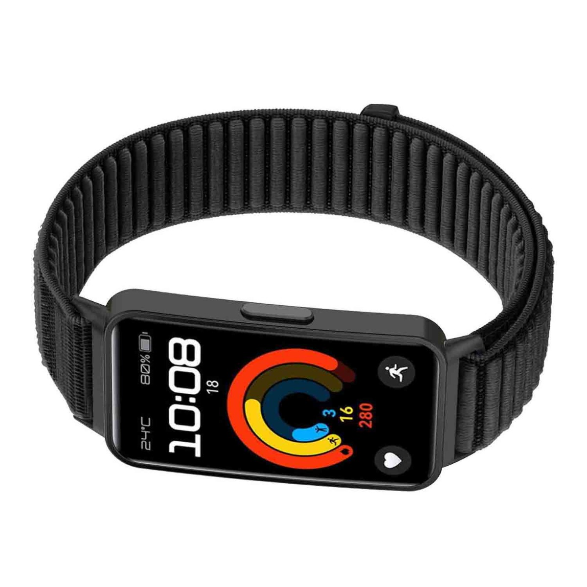 Uno smartwatch nero con cinturino in tessuto nero. Lo schermo mostra ora, batteria e dati attività. L'orologio è su sfondo bianco.