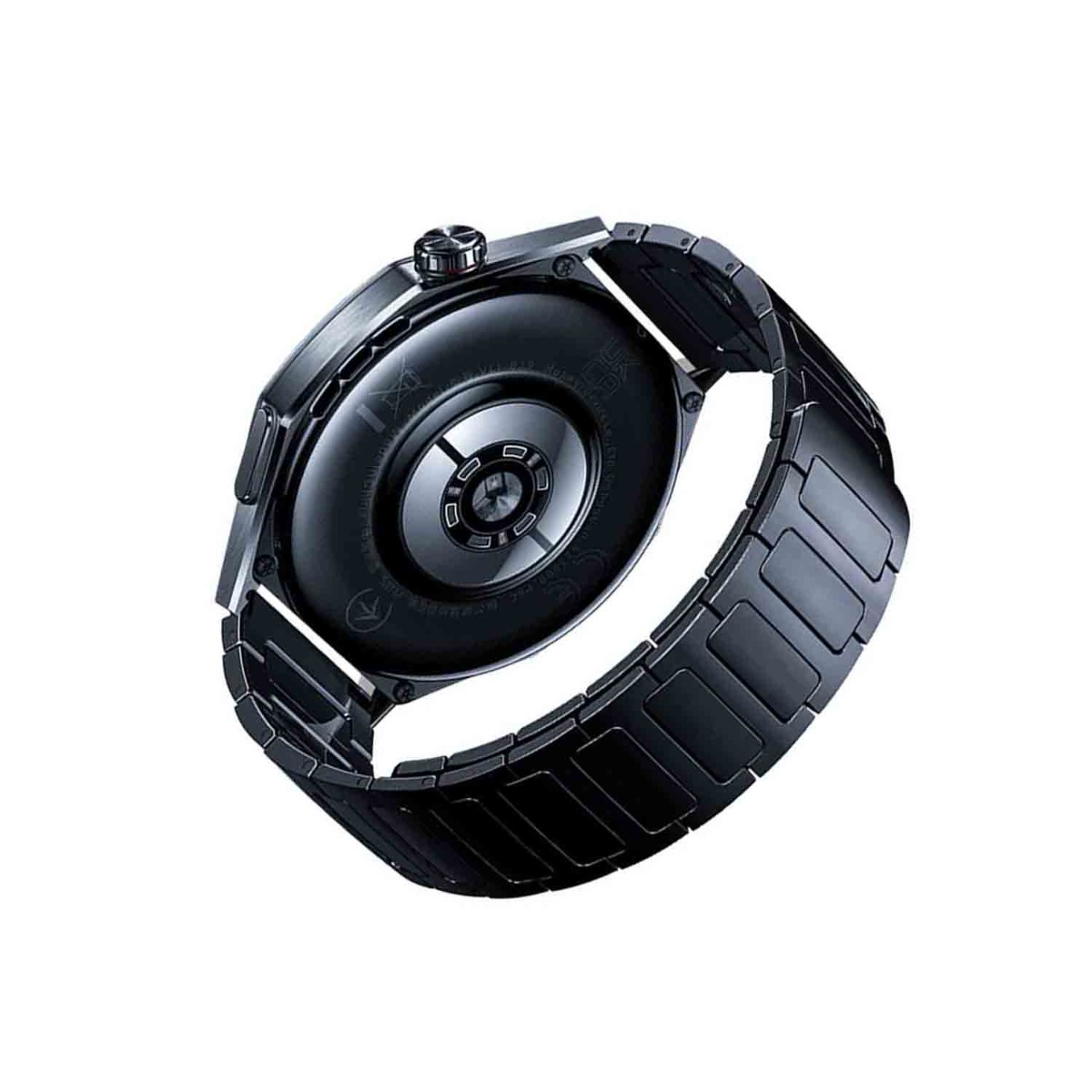 Nahaufnahme einer schwarzen Smartwatch, die die Unterseite und das Metallband zeigt. Die Uhr ist abgewinkelt.