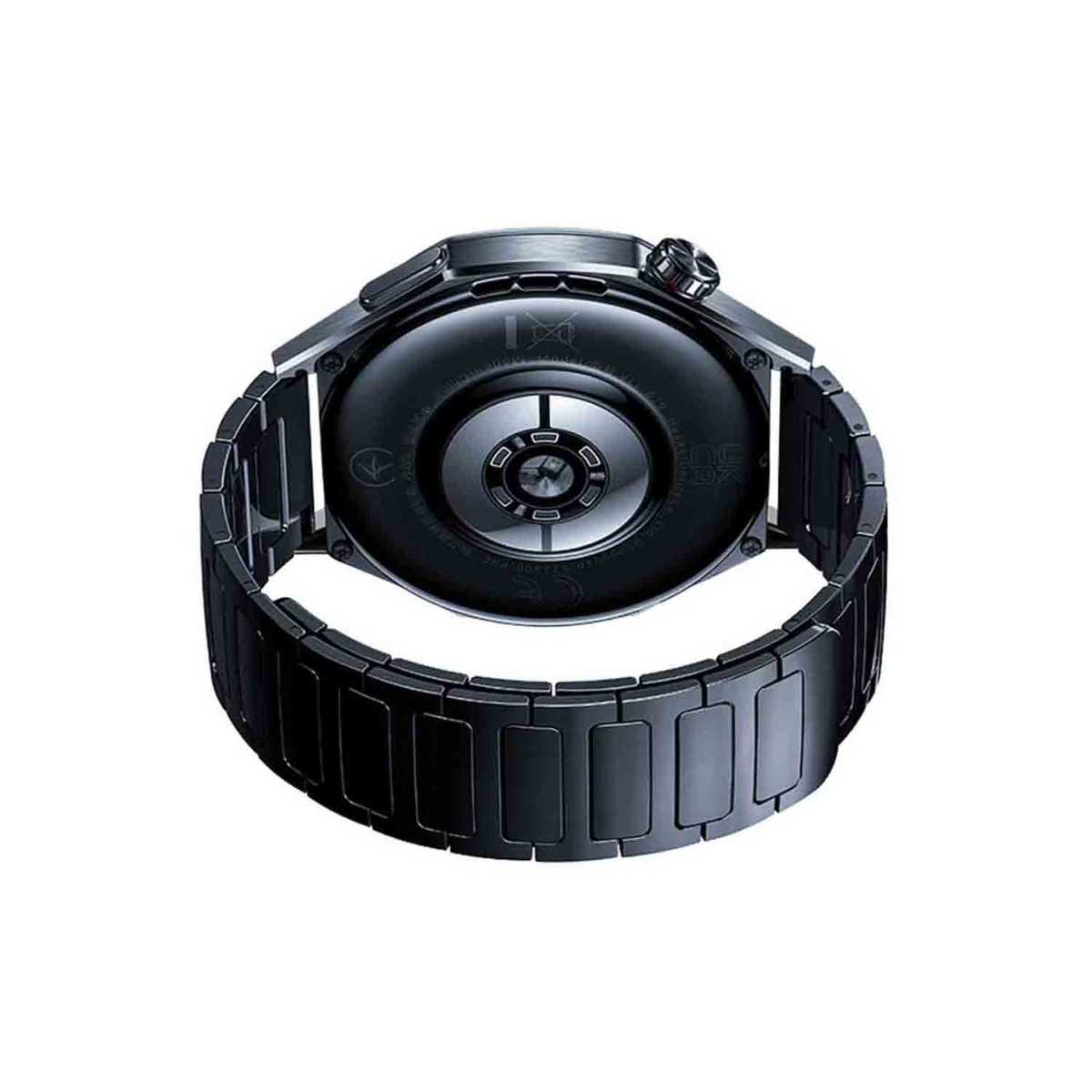 Eine schwarze Smartwatch mit Metallarmband. Das Zifferblatt ist schwarz mit Details. Das Armband besteht aus rechteckigen Gliedern.