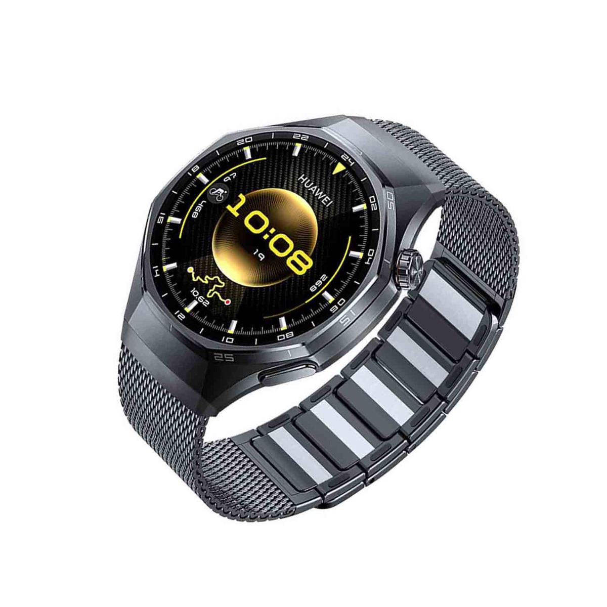 Eine Huawei-Smartwatch mit schwarzem Mesh-Armband und digitaler Anzeige. Die Uhr hat ein dunkelgraues Metallgehäuse.