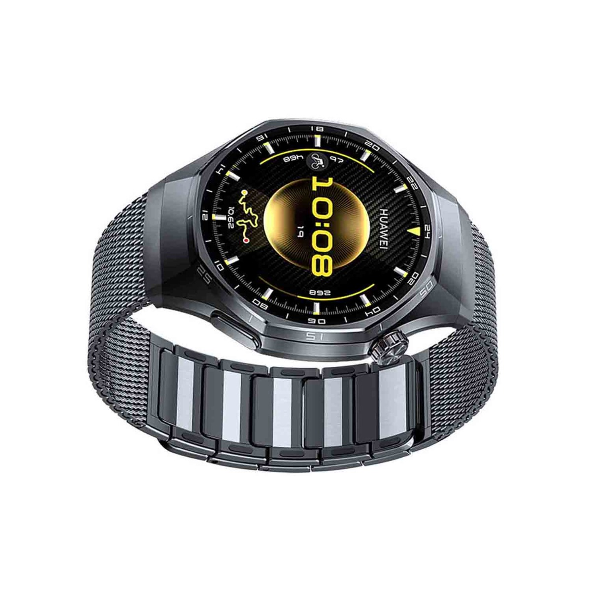 Eine Huawei-Smartwatch mit schwarzem Bildschirm, der die Uhrzeit anzeigt. Sie hat ein Metallarmband und ein schwarzes Gehäuse. Die Uhrzeit ist 10:08.