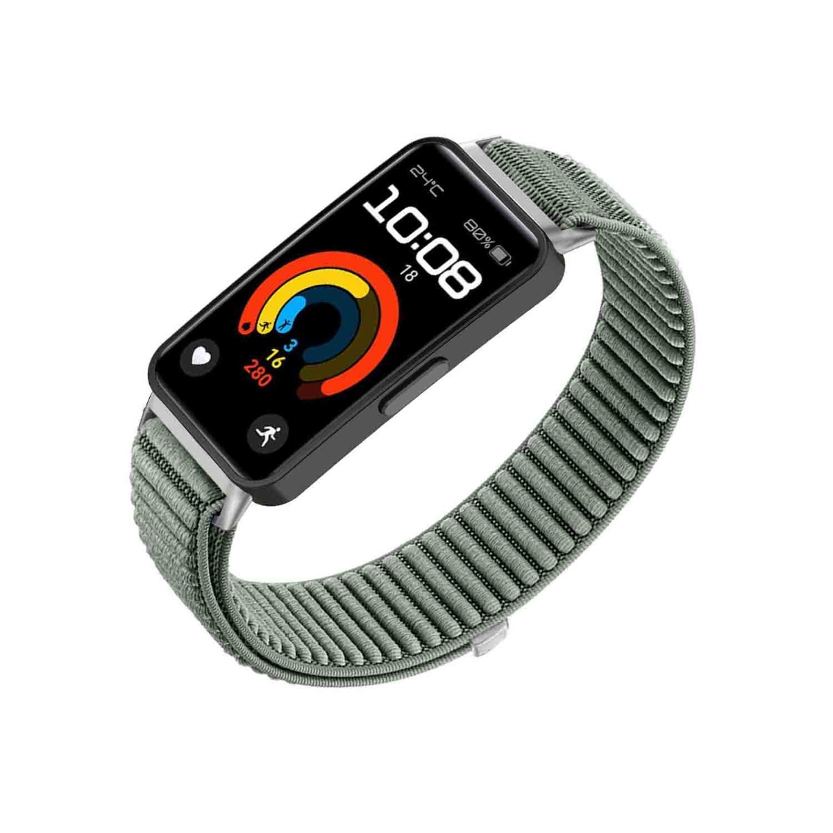 Eine Smartwatch mit grünem Stoffband zeigt 10:08 an. Der Bildschirm zeigt Aktivitätsringe und Symbole. Der Hintergrund ist weiß.