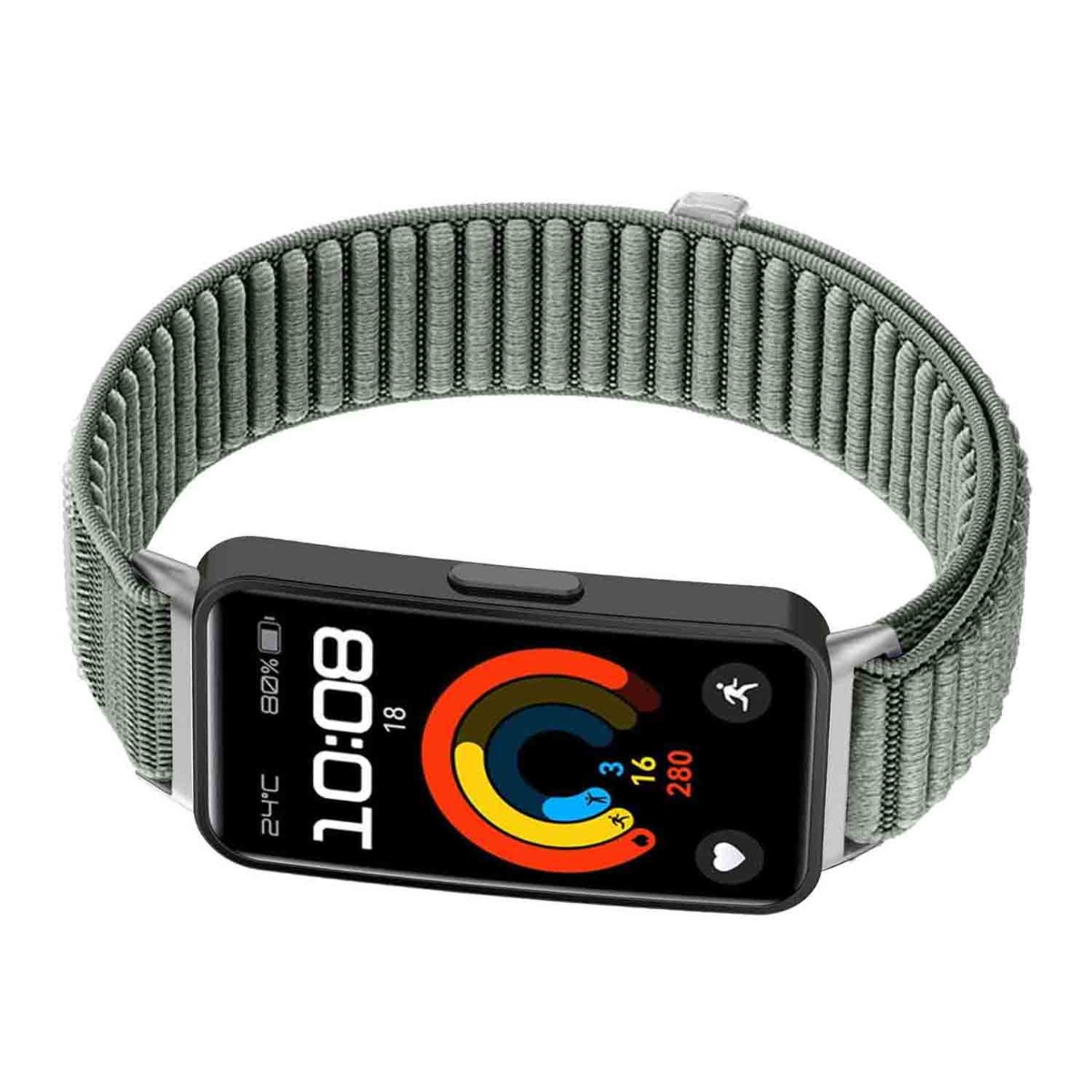 Eine Smartwatch mit grünem Stoffarmband. Der Bildschirm zeigt Zeit, Akku und Aktivitätsdaten an. Die Uhr liegt auf weißem Hintergrund.