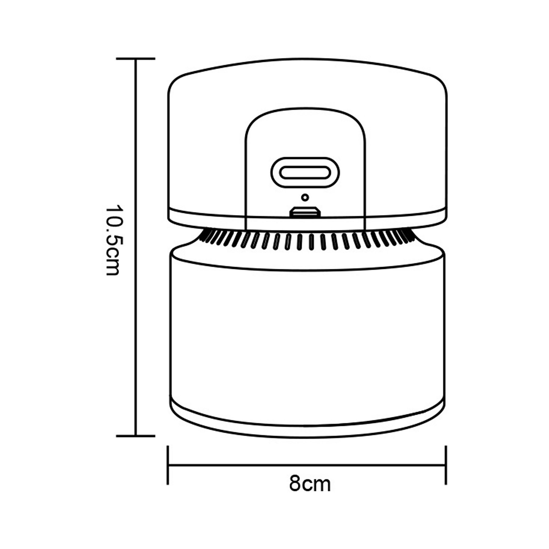 Diagramm eines Geräts. Es ist 10,5 cm hoch und 8 cm breit und hat eine Oberseite mit einem Schlitz und eine kreisförmige Basis.