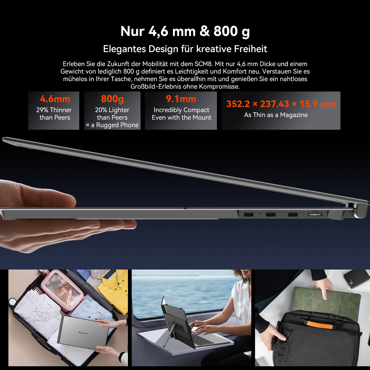 Das Bild zeigt einen dünnen Laptop, der seine Abmessungen und Tragbarkeit demonstriert. Es gibt auch einen Koffer, eine Person, die arbeitet, und eine Tasche.