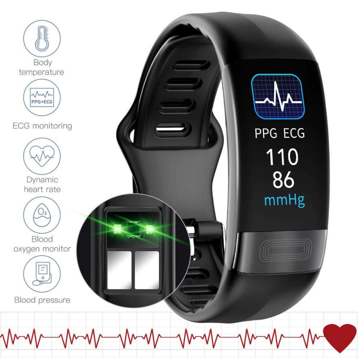 Eine schwarze Smartwatch zeigt Gesundheitsmetriken an: EKG, Blutdruck (110/86 mmHg) und andere Gesundheitsüberwachungssymbole.