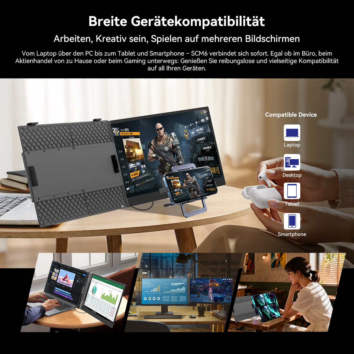 Ein Monitor und ein Telefon, die ein Spiel anzeigen, mit Symbolen für Laptop, Desktop, Tablet und Smartphone.