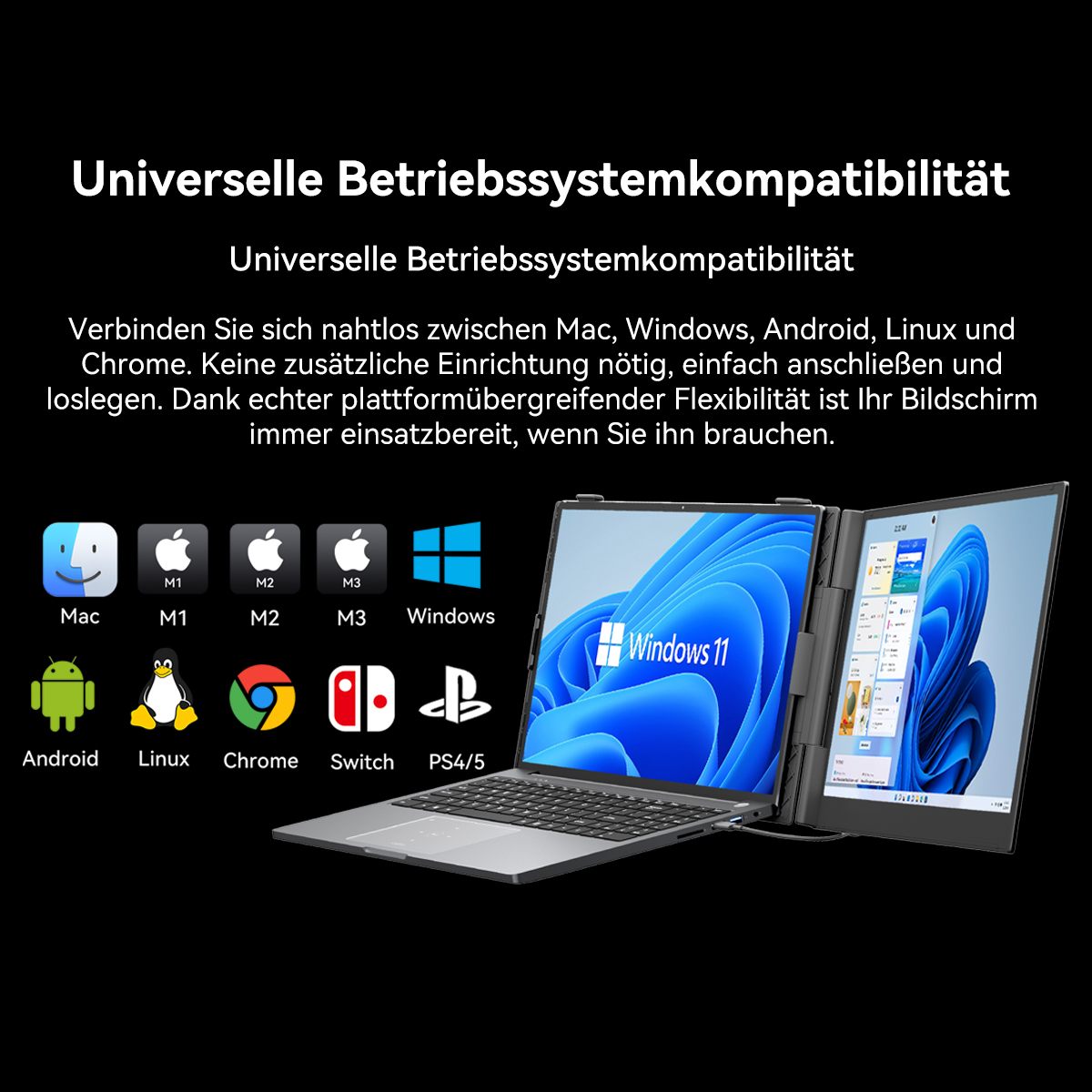 Laptop mit zwei Bildschirmen, die Windows 11 anzeigen. Symbole für Mac, Windows, Android, Linux, Chrome, Switch und PS4/5 werden angezeigt.