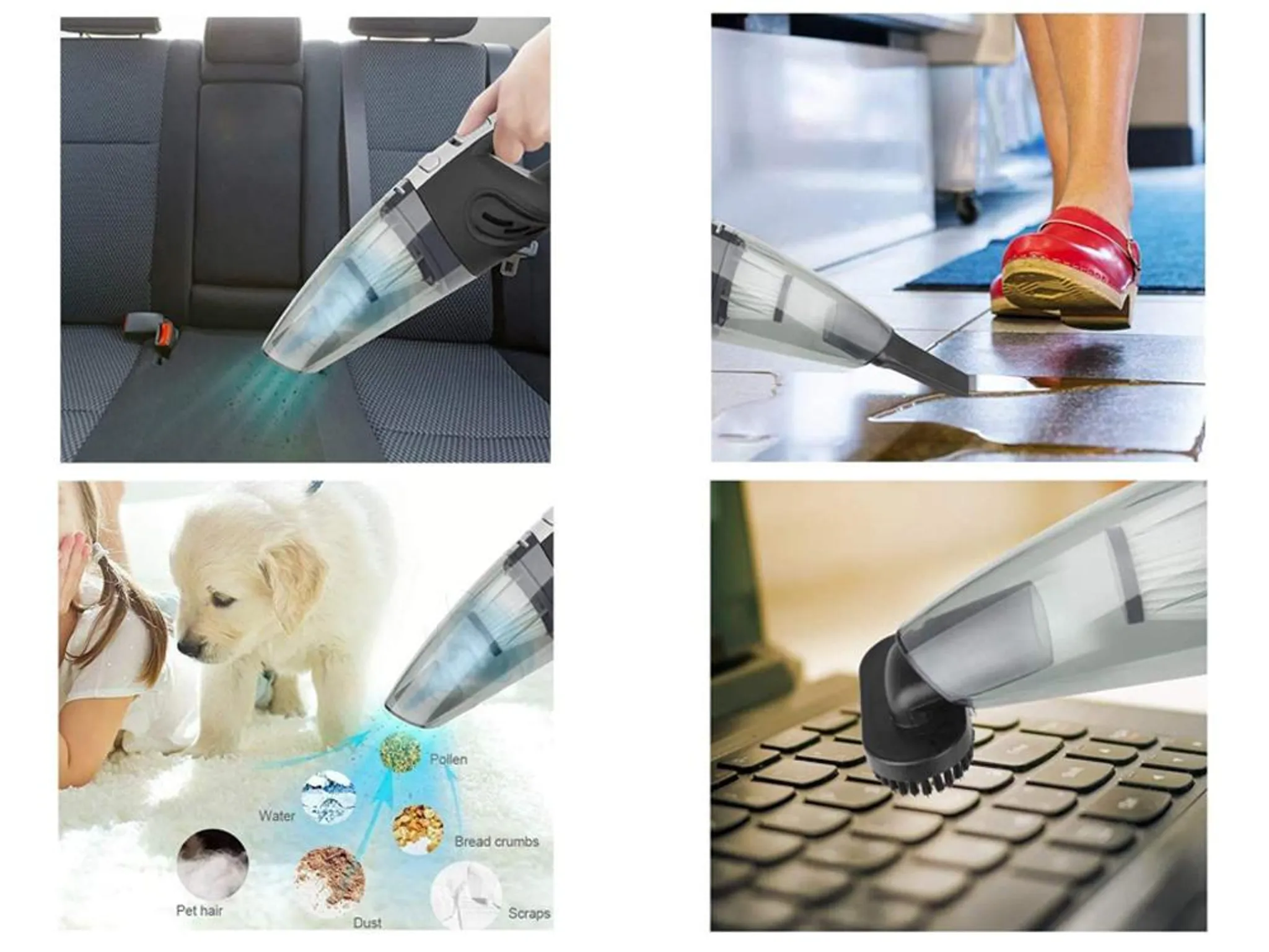 Ein Handstaubsauger reinigt einen Autositz, einen Boden, einen Teppich mit einem Welpen und eine Tastatur. Der Staubsauger ist transparent und schwarz.
