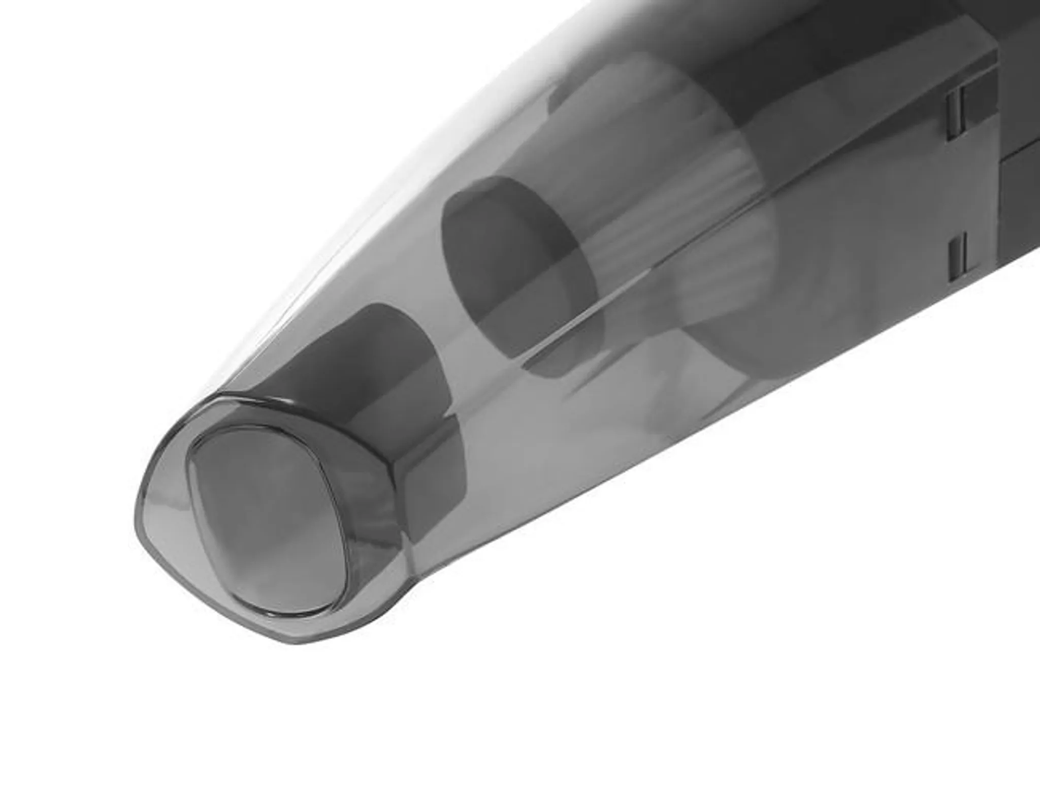 Nahaufnahme der Düse und des transparenten Staubbehälters eines Handstaubsaugers. Der Körper ist grau, der Hintergrund weiß.