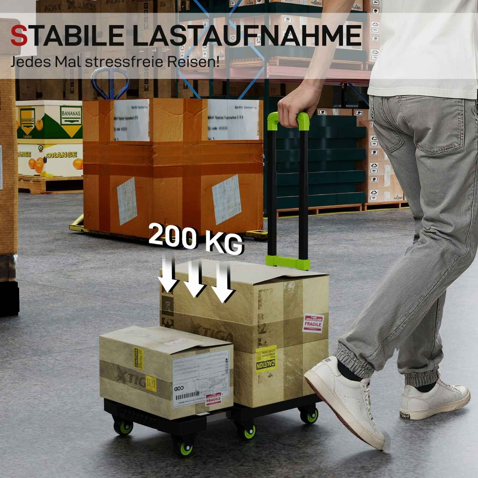 Eine Person zieht einen Handwagen mit Kisten in einem Lager. Text sagt 'STABILE LASTAUFNAHME' und '200 KG'.