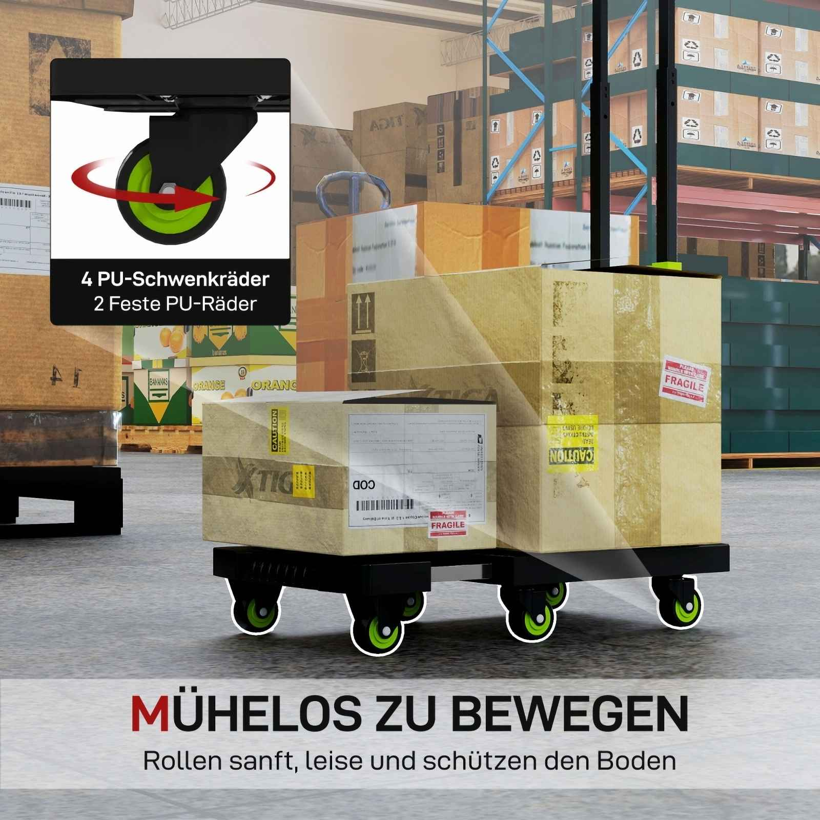 Ein Wagen mit Kartons befindet sich in einem Lager. Der Wagen hat einen schwarzen Rahmen und grüne Räder. Die Kartons sind mit 'Fragile' beschriftet.
