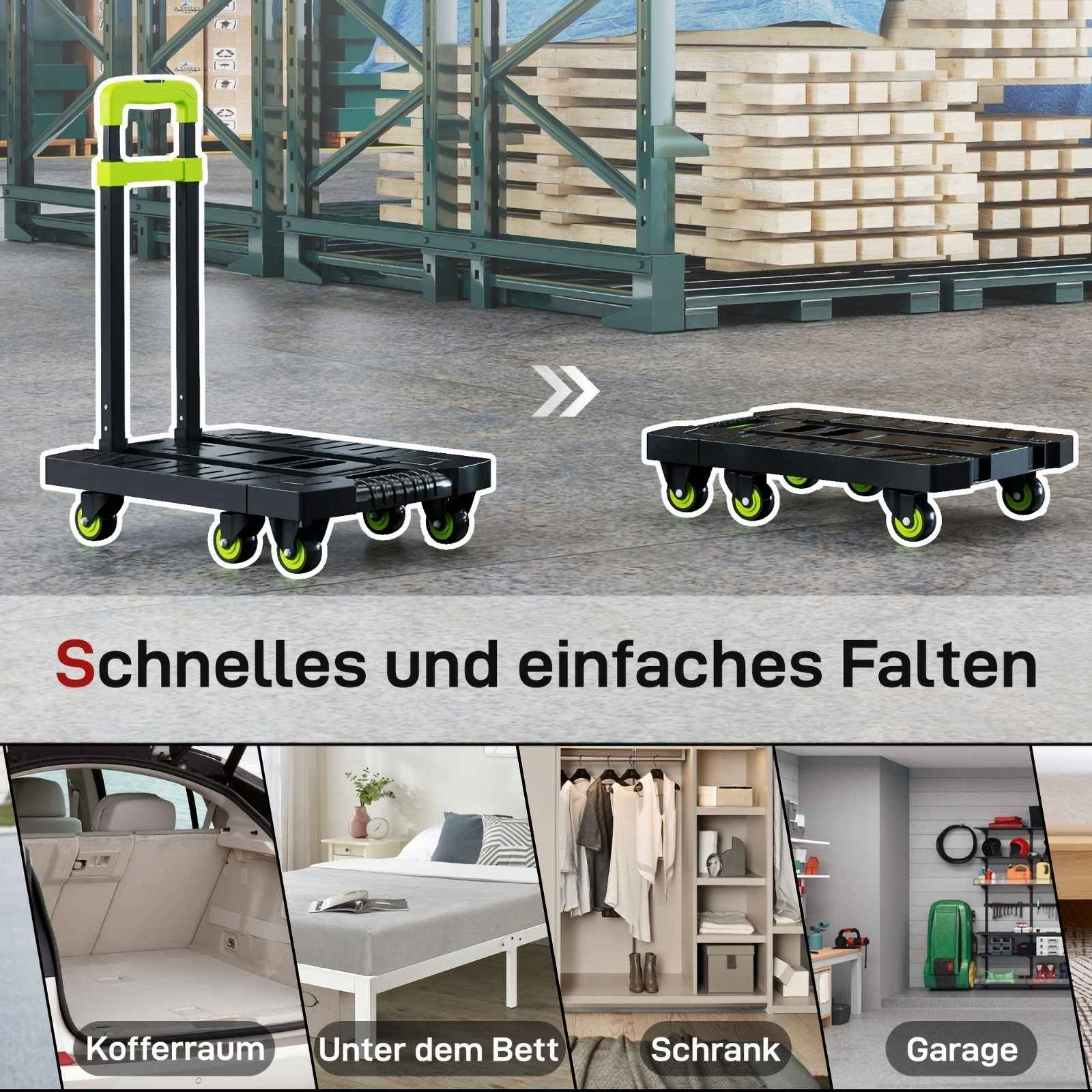 Schwarzer Klappwagen mit grünen Akzenten. Der Text 'Schnelles und einfaches Falten' wird angezeigt.