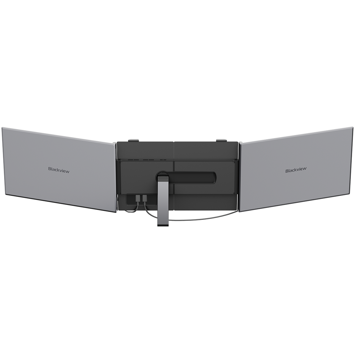 Rückansicht eines Dreifach-Monitor-Setups mit zwei seitlichen Monitoren, die nach außen abgewinkelt sind. Jeder Monitor hat das Blackview-Logo.