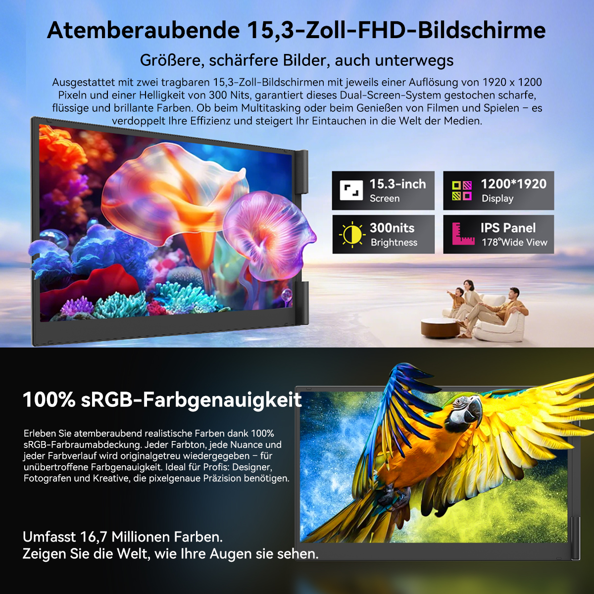 Ein Display mit farbenfrohen Bildern und Spezifikationen. Familie sieht Bildschirm, Ara Papagei auf anderem Bildschirm.
