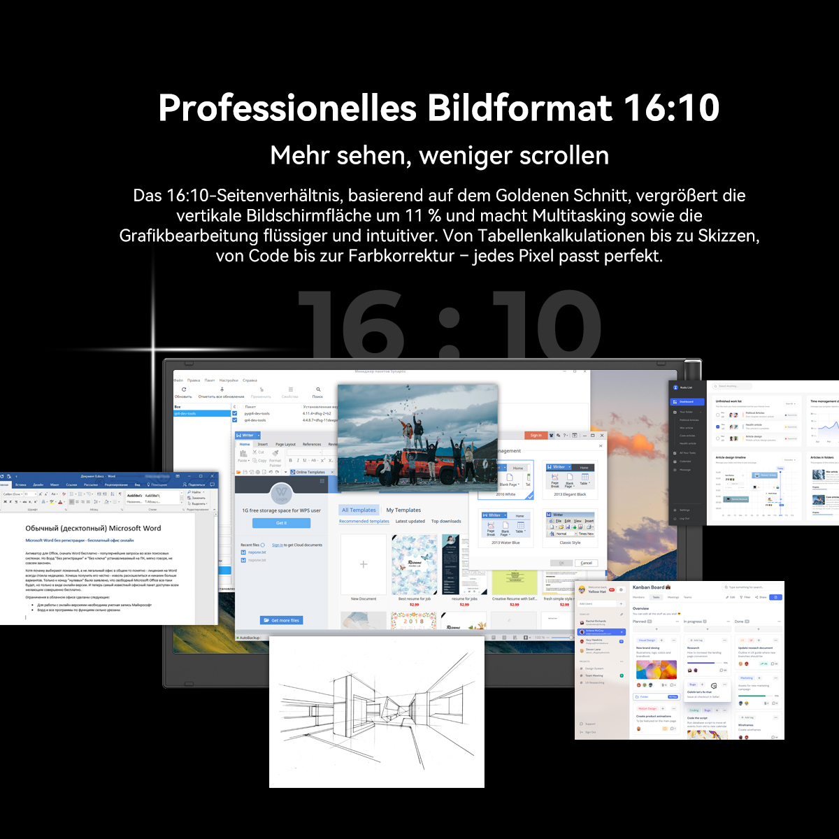 Ein Computerbildschirm zeigt mehrere offene Fenster verschiedener Anwendungen und demonstriert ein 16:10-Seitenverhältnis.
