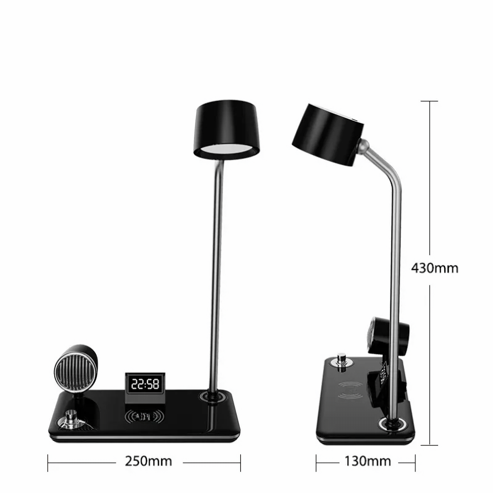Eine schwarze Schreibtischlampe mit Digitaluhr, Lautsprecher und kabellosem Ladepad. Abmessungen sind angegeben.