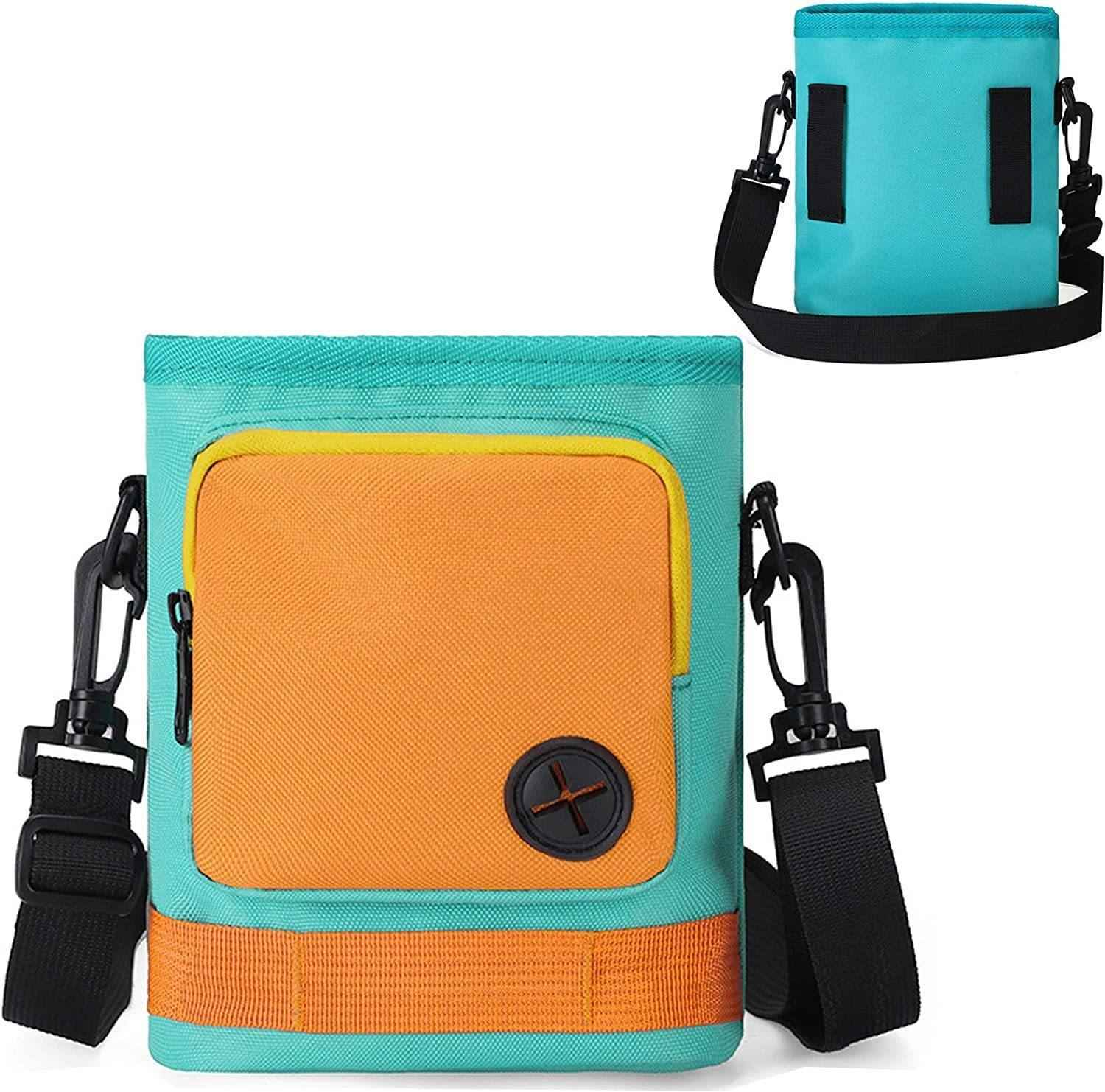 Eine türkis-orange Umhängetasche. Sie hat eine gelbe obere Tasche, einen schwarzen Gurt und einen schwarzen Clip. Eine andere Tasche ist oben abgebildet.