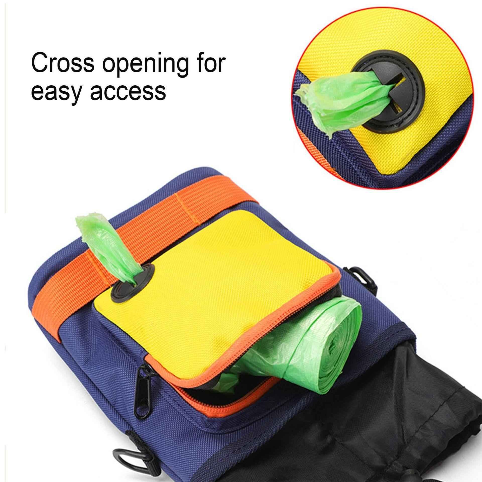 Hundebeutelspender. Blaue und gelbe Tasche mit orangefarbenem Riemen. Grüne Beutel sind sichtbar.