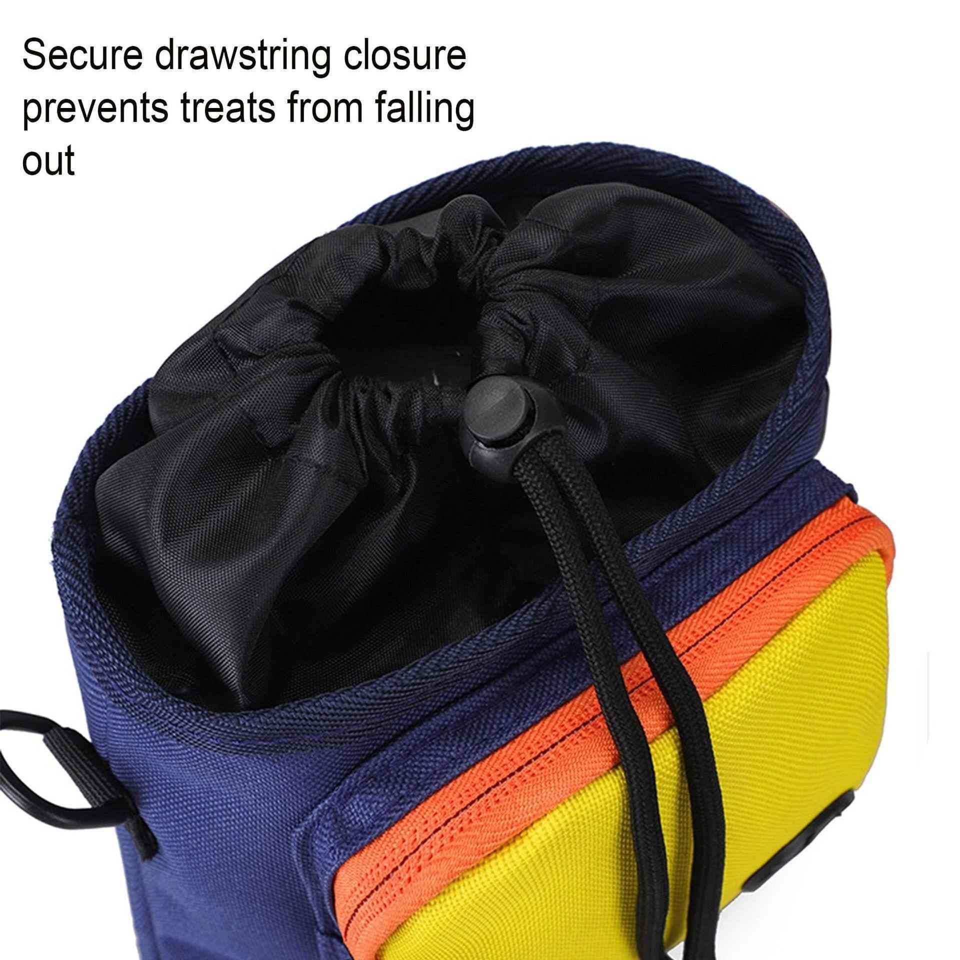 Hundetütenbeutel. Blau, orange und gelb. Schwarzer Kordelzugverschluss. Schwarze Zugkordel. Griff auf der linken Seite.