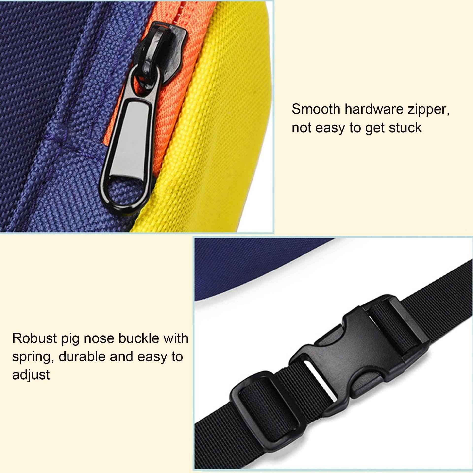 Das Bild zeigt ein Detail einer Tasche mit Reißverschluss und Schnalle. Der Reißverschluss ist schwarz und die Schnalle ist robust.
