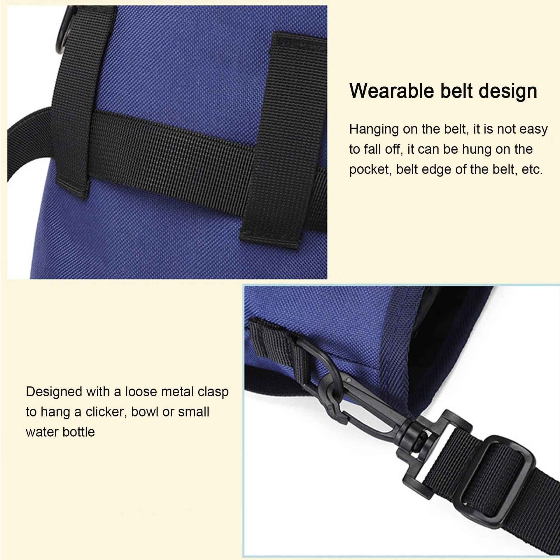 Das Bild zeigt blaues Material mit schwarzen Riemen und einem Metallverschluss. Text beschreibt das Design zum Aufhängen von Gegenständen.