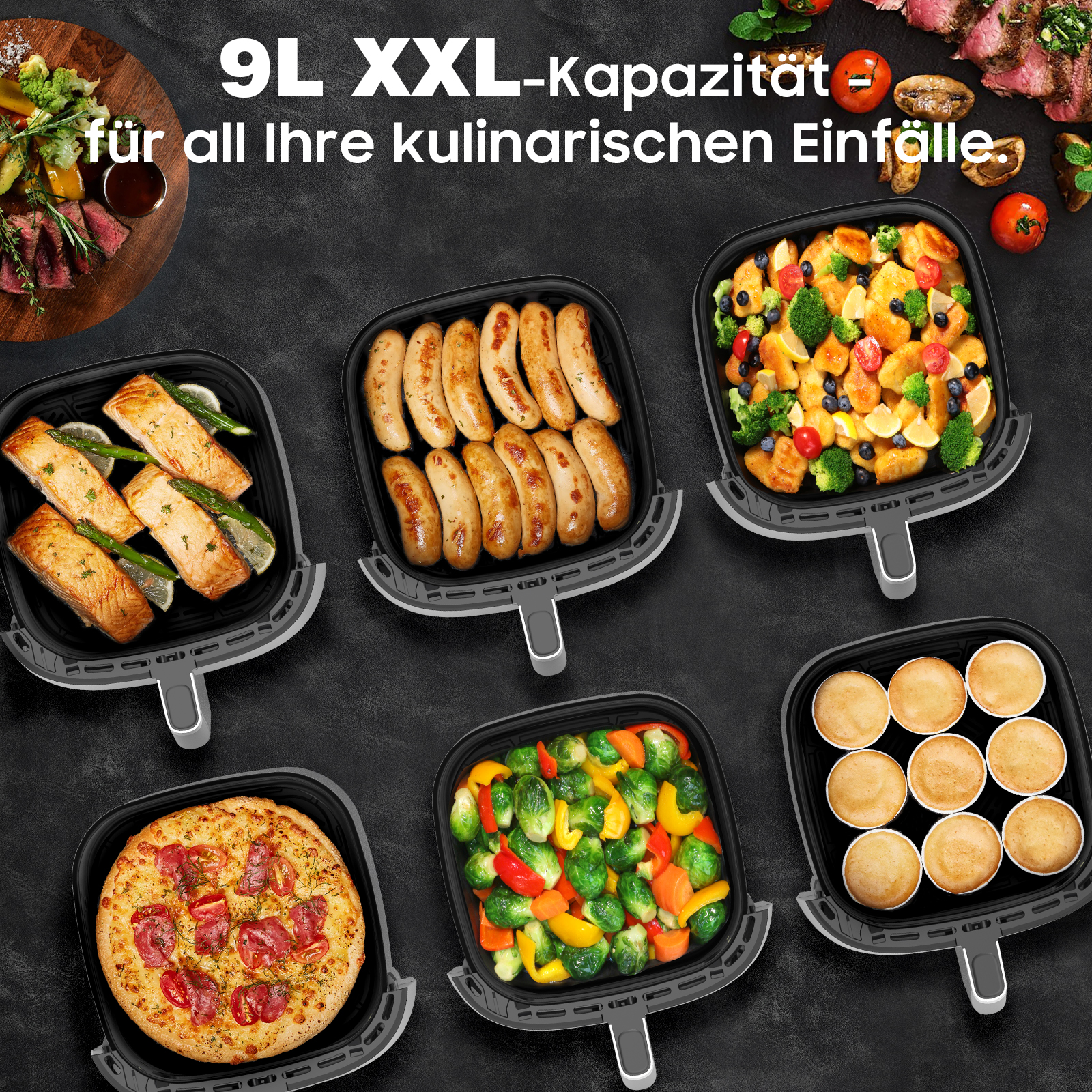 Das Bild zeigt eine Heißluftfritteuse mit verschiedenen gekochten Speisen: Würstchen, Lachs, Pizza, Gemüse und Kuchen. Der Hintergrund ist dunkel.