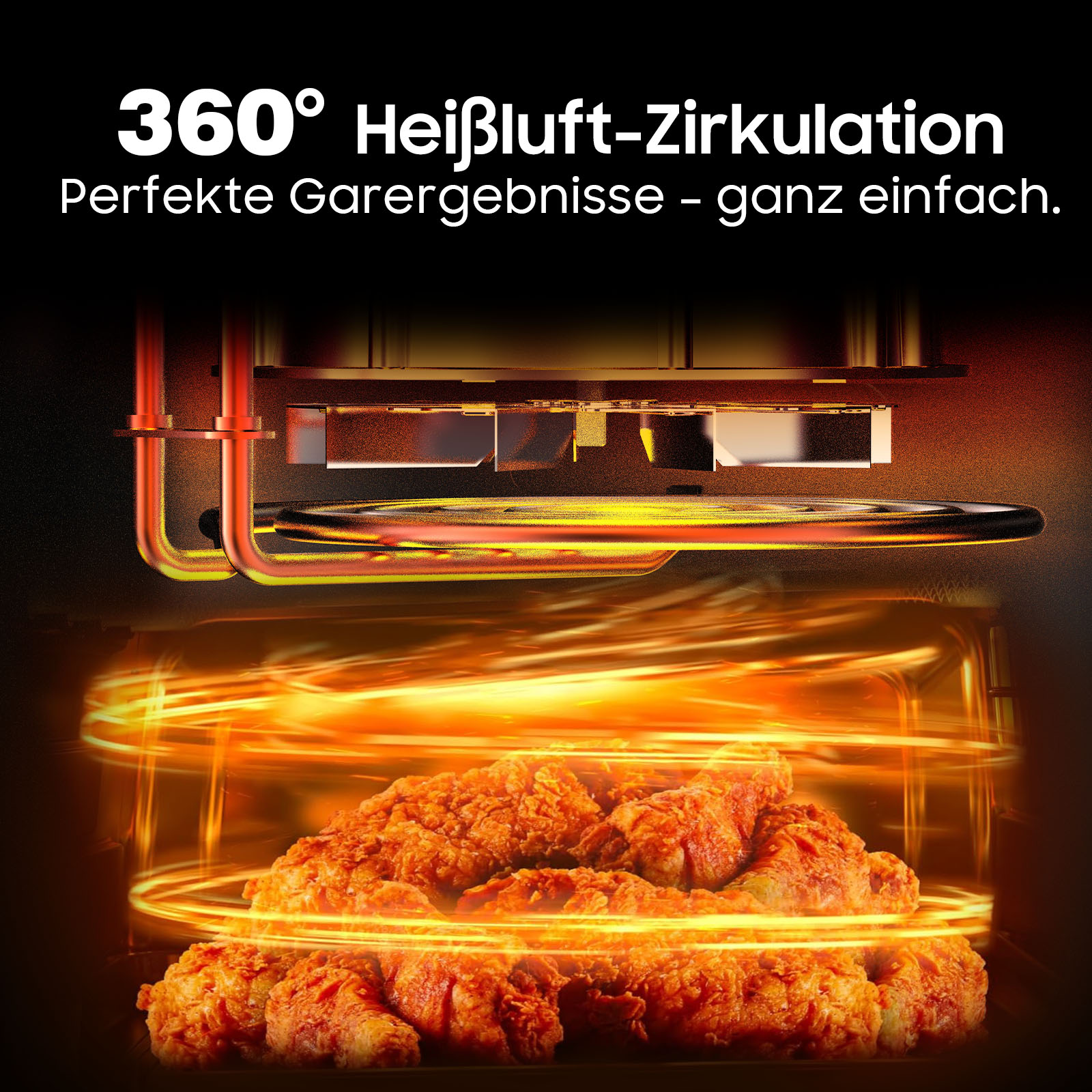 Das Bild zeigt gebratenes Hähnchen in einem Ofen mit 360° Luftzirkulation für perfekte Garergebnisse.