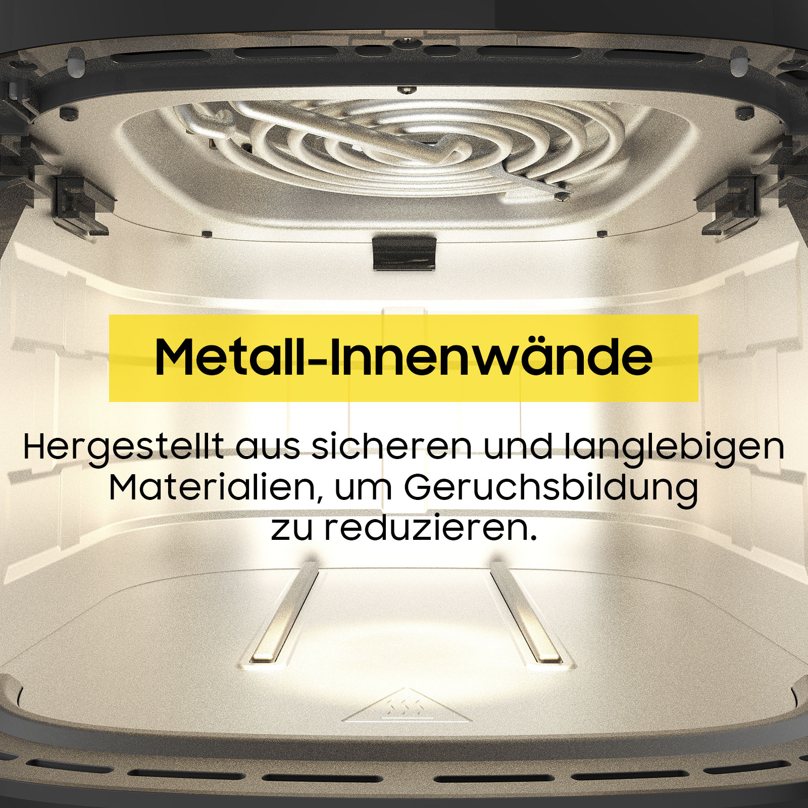 Innenraum eines Geräts, Metallwände, Heizelement und Text in Gelb. Es besteht aus sicheren Materialien.