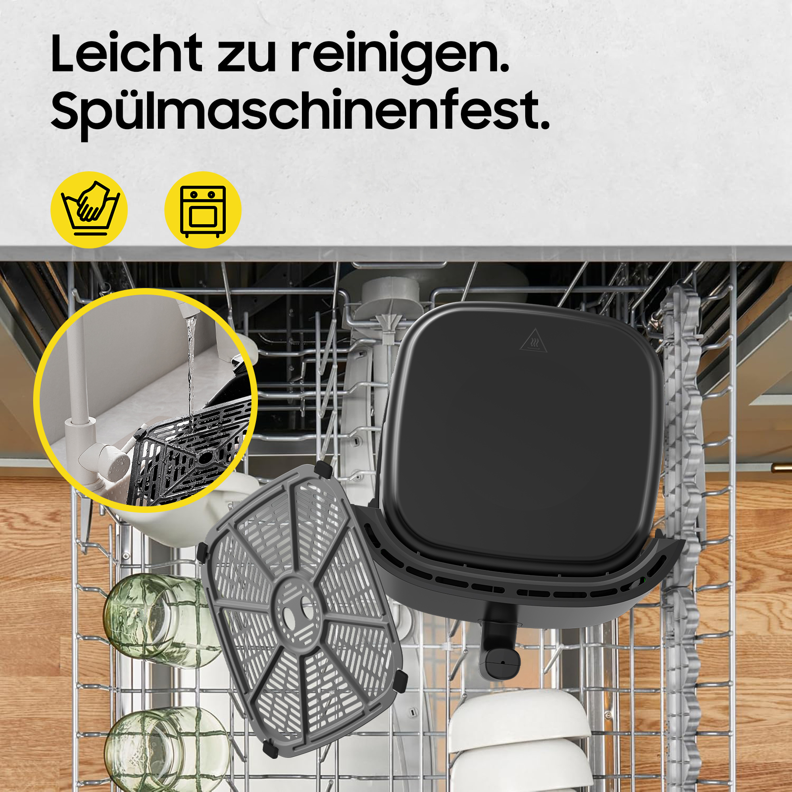 Ein Airfryer in der Spülmaschine. Grauer Korb und schwarzes Gerät. Text oben: leicht zu reinigen, spülmaschinenfest.