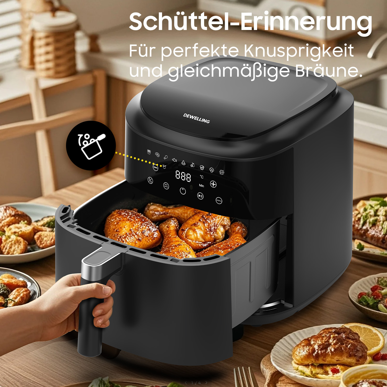 Schwarze Heißluftfritteuse mit Hähnchen innen. Eine Hand hält den Griff. Teller mit Essen und Text auf Deutsch im Hintergrund.